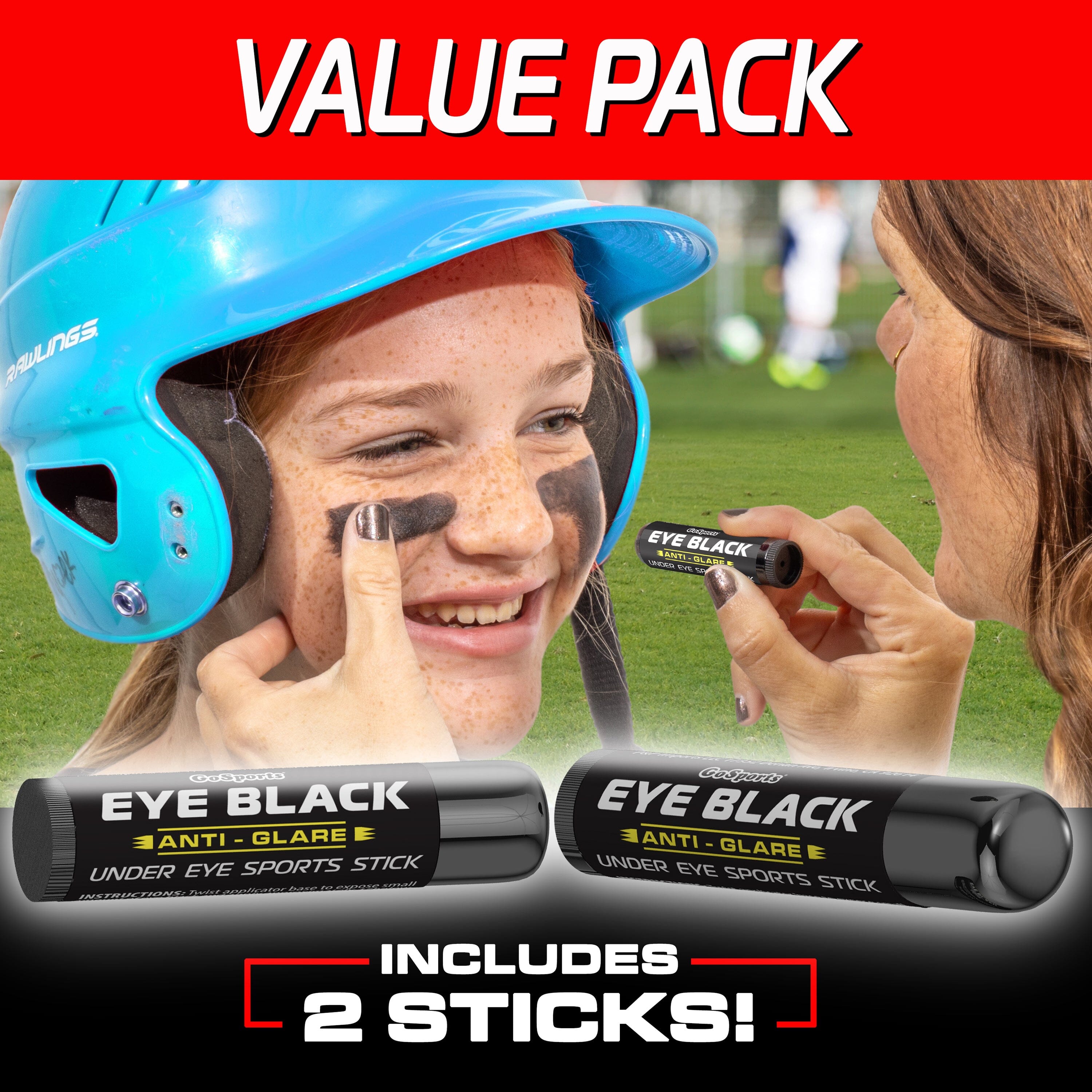 GoSports Anti Glare Eye Black Sports Stick for Football, Baseball, Softball & More - 2 Pack Under Eye Sports Paint Sticks GoSports