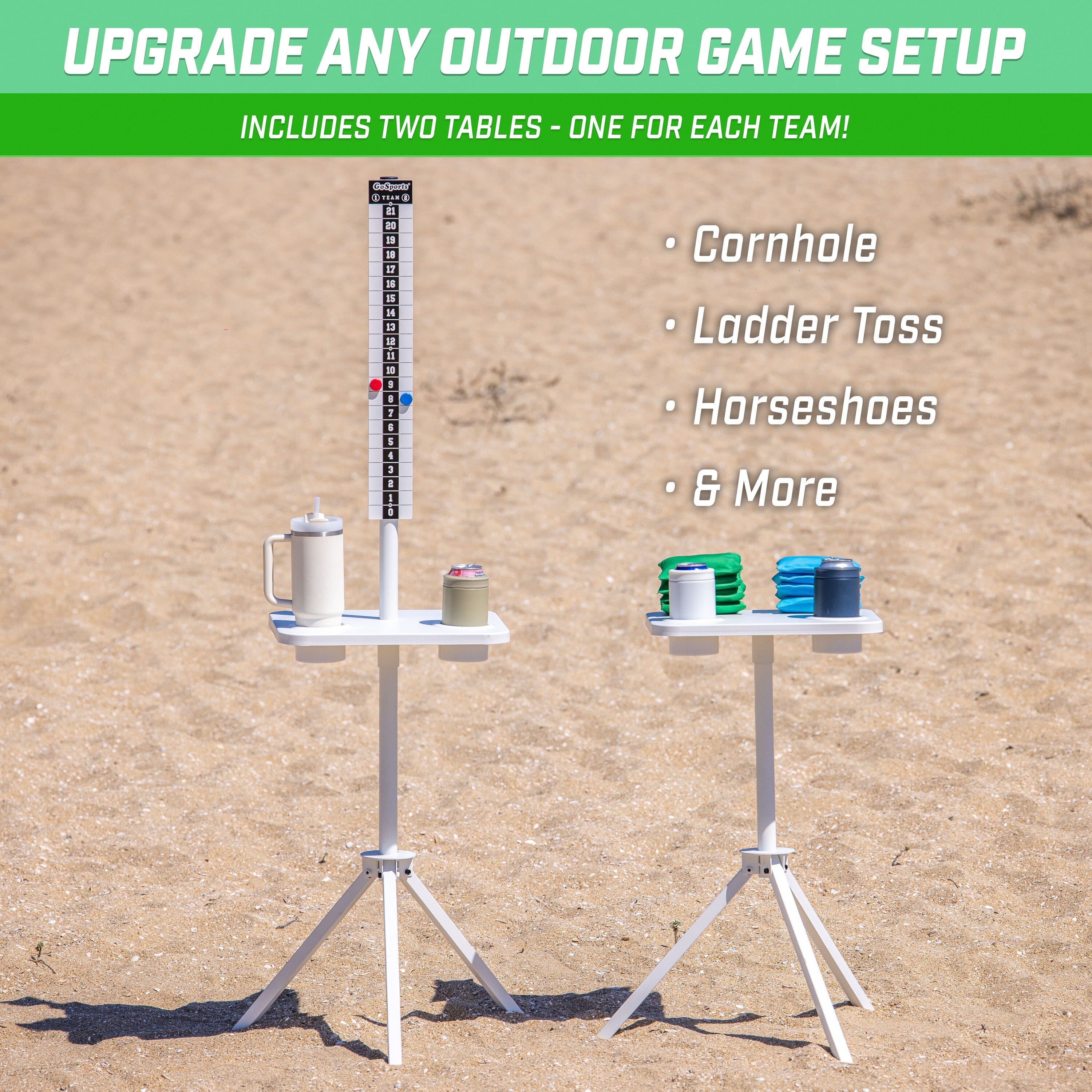 GoSports All Weather Cornhole Scoreboard - Set of 2 Metal ScoreCaddy Tables with Drink Holders - Magnetic Outdoor Score Keeper for Yard Games - White Cornhole GoSports