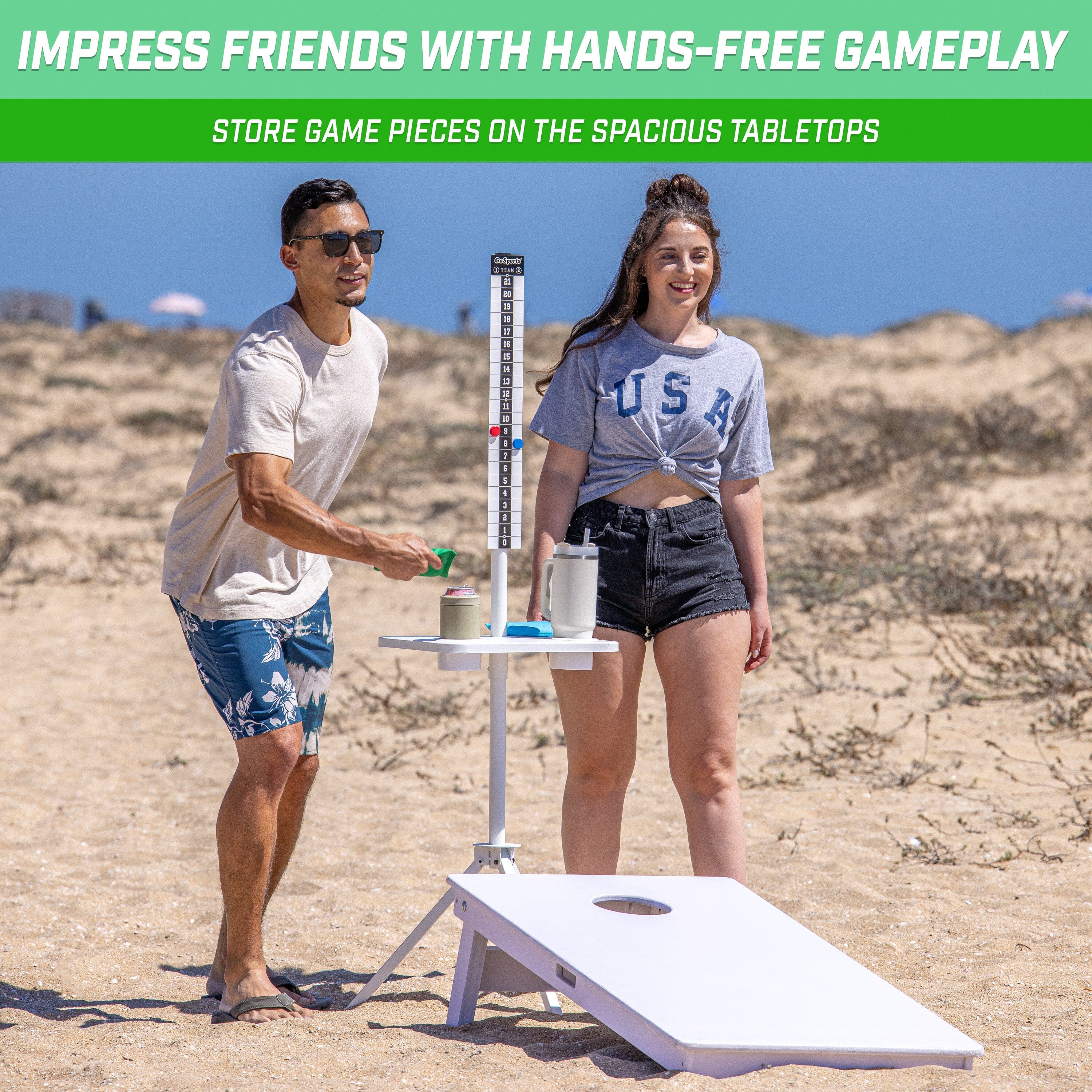 GoSports All Weather Cornhole Scoreboard - Set of 2 Metal ScoreCaddy Tables with Drink Holders - Magnetic Outdoor Score Keeper for Yard Games - White Cornhole GoSports