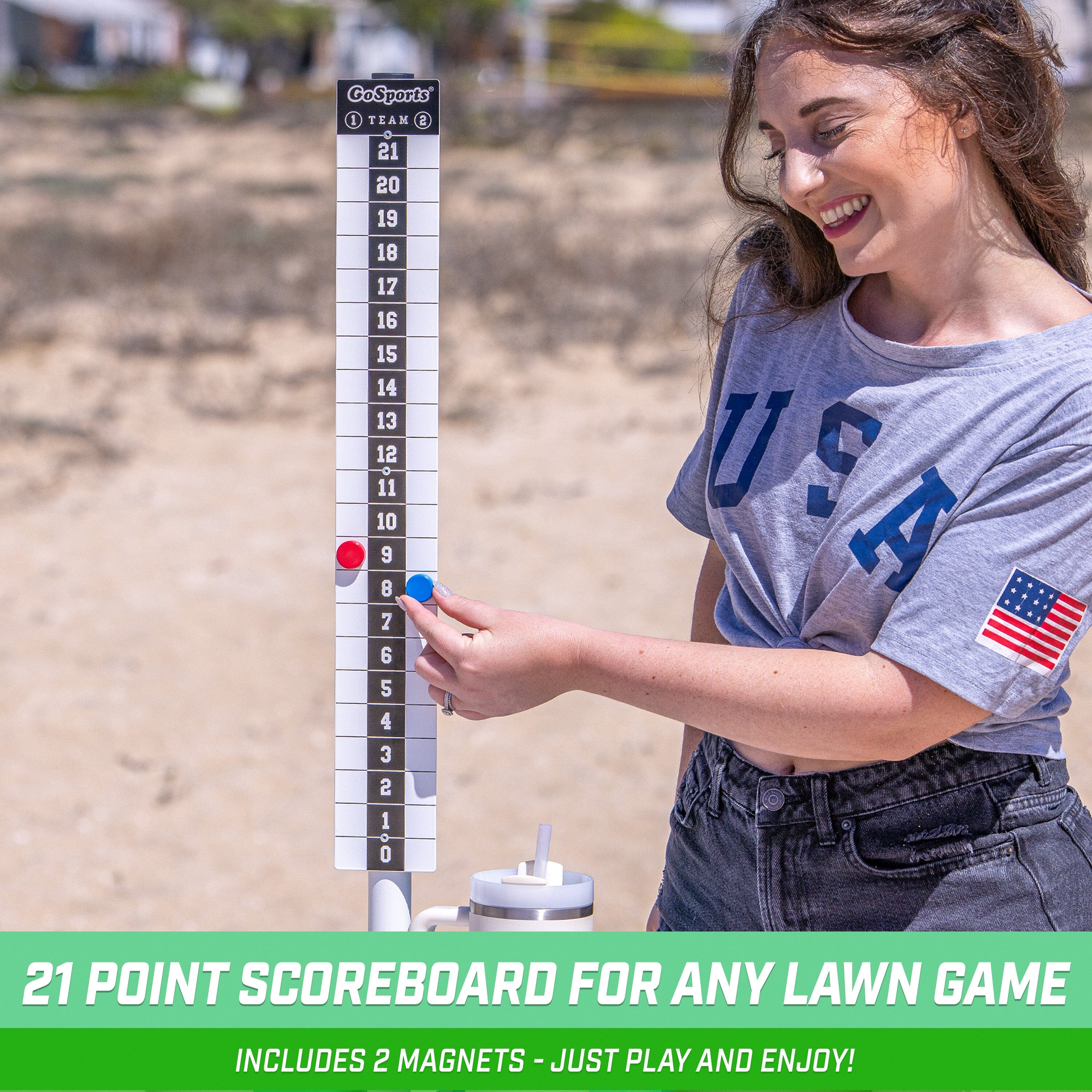 GoSports All Weather Cornhole Scoreboard - Set of 2 Metal ScoreCaddy Tables with Drink Holders - Magnetic Outdoor Score Keeper for Yard Games - White Cornhole GoSports