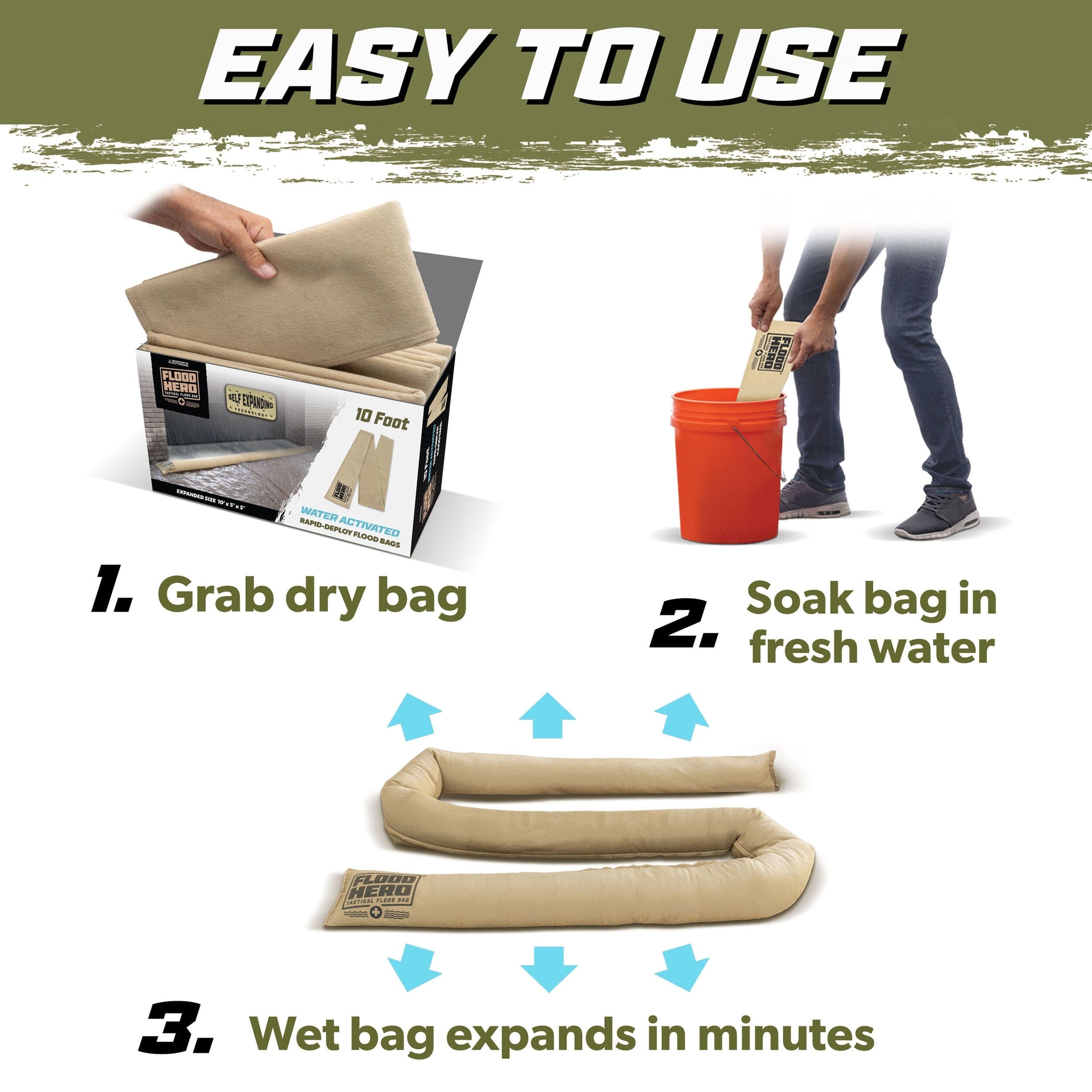 Flood Hero 10 ft Water Activated Sandbag - Flood Bag Barrier for Home PlayGoSports.com