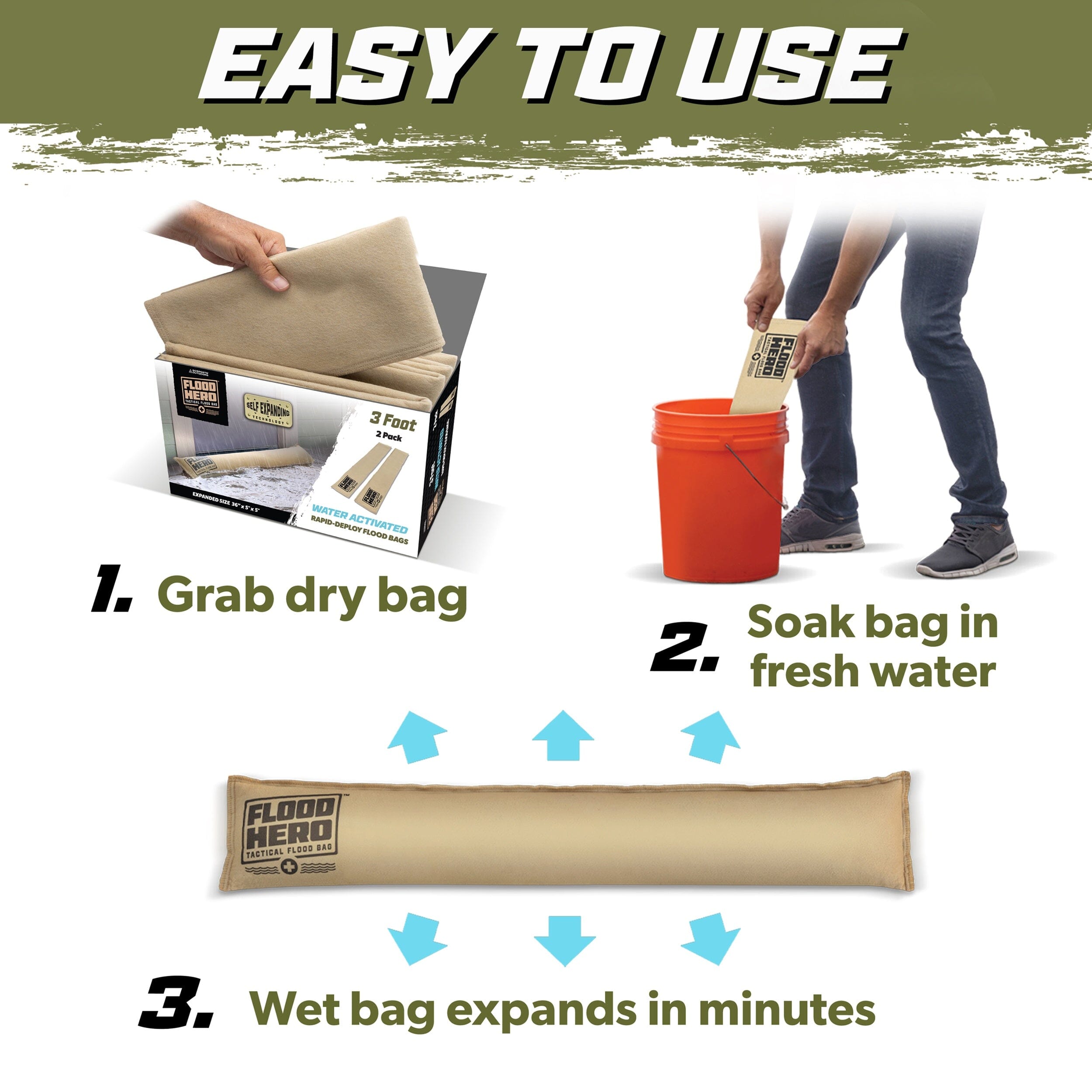 Flood Hero 3 ft Water Activated Sandbags - 2 Pack Flood Bag Barriers for Home PlayGoSports.com