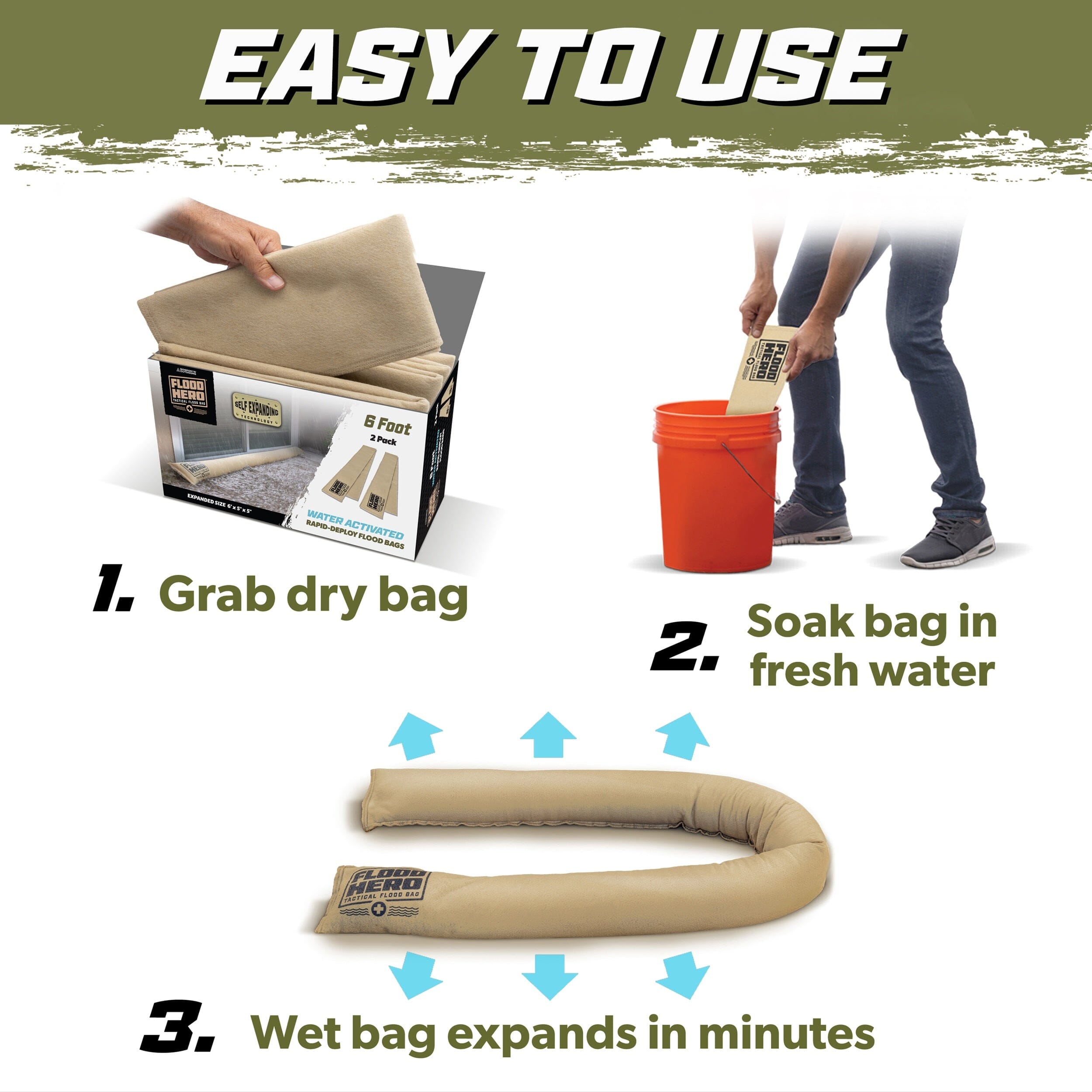 Flood Hero 6 ft Water Activated Sandbags - 2 Pack Flood Bag Barriers for Home PlayGoSports.com