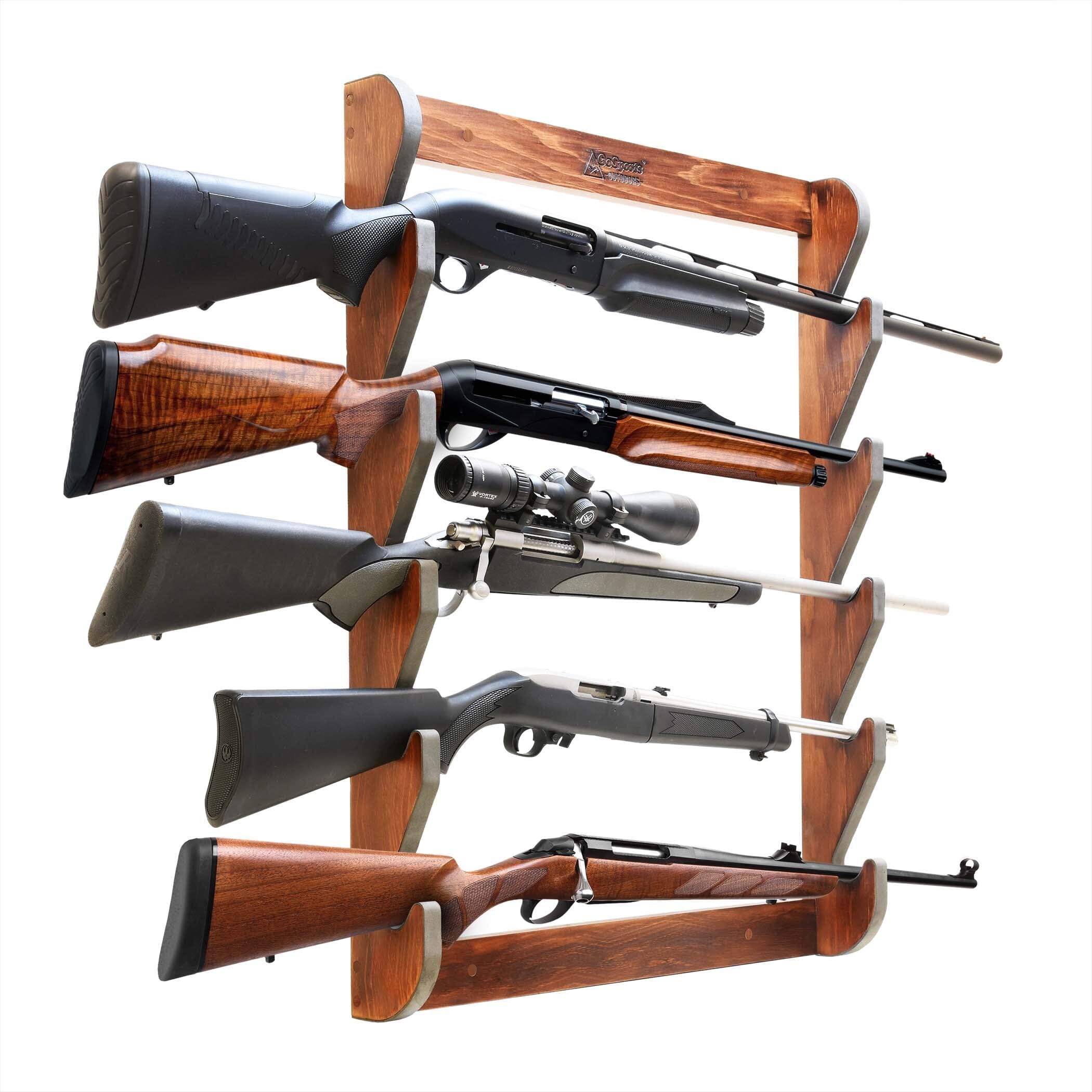 GoSports Outdoors Wall Mounted Firearm Display Rack with Premium Wood Stain - Holds 5 Rifles or Shotguns GoSportsOutdoors.com