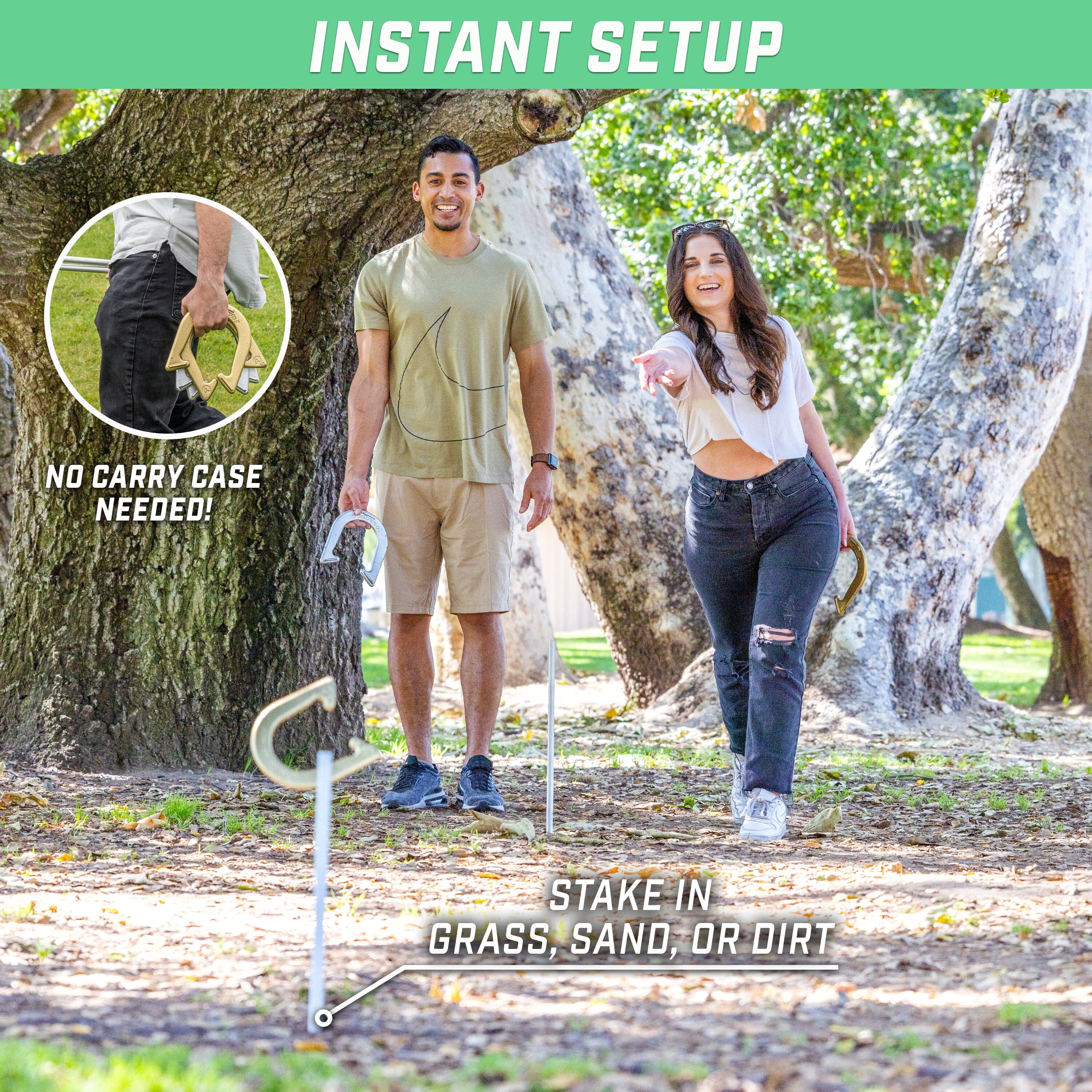 a man and woman walking through a park with a golf club