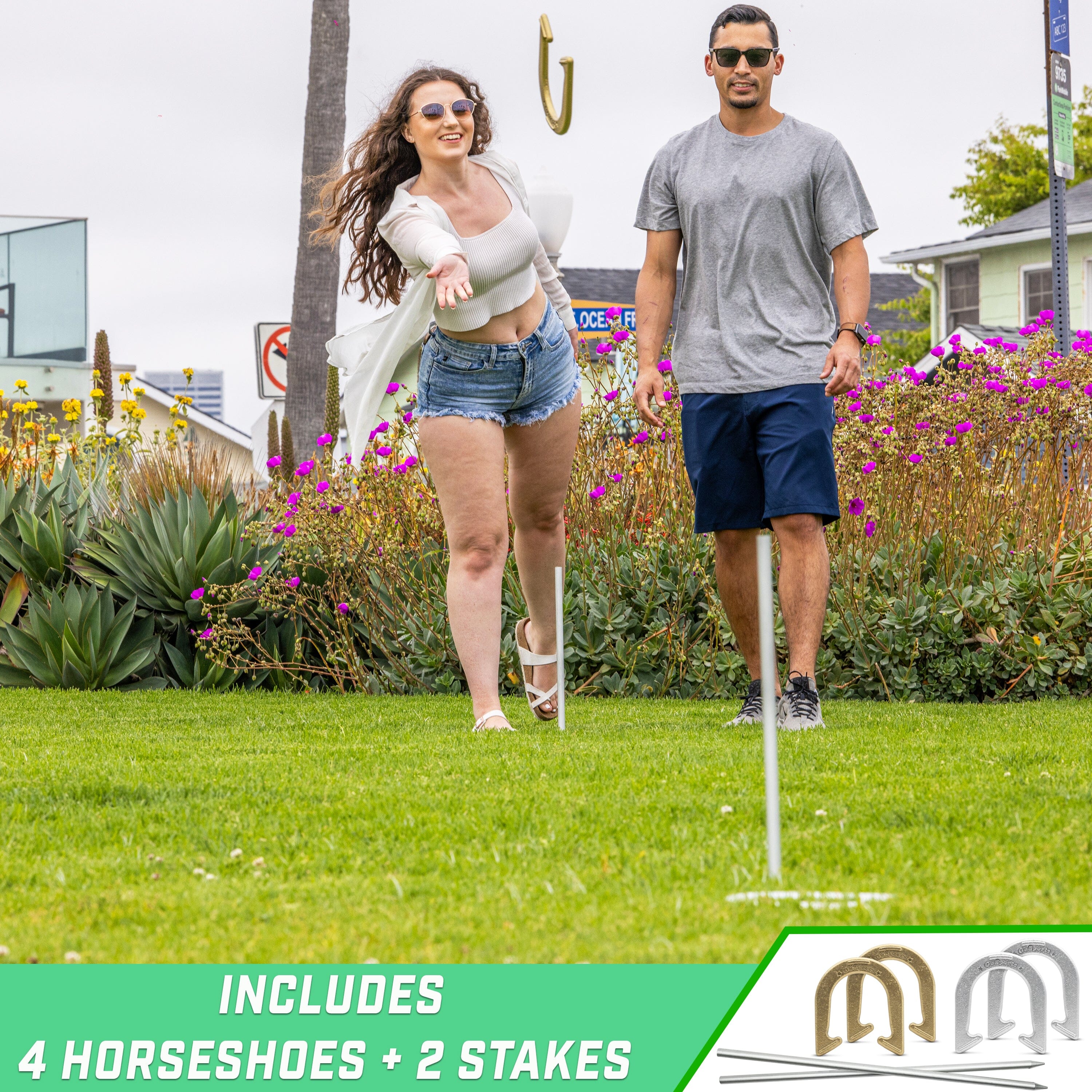 a man and woman are playing golf in the grass