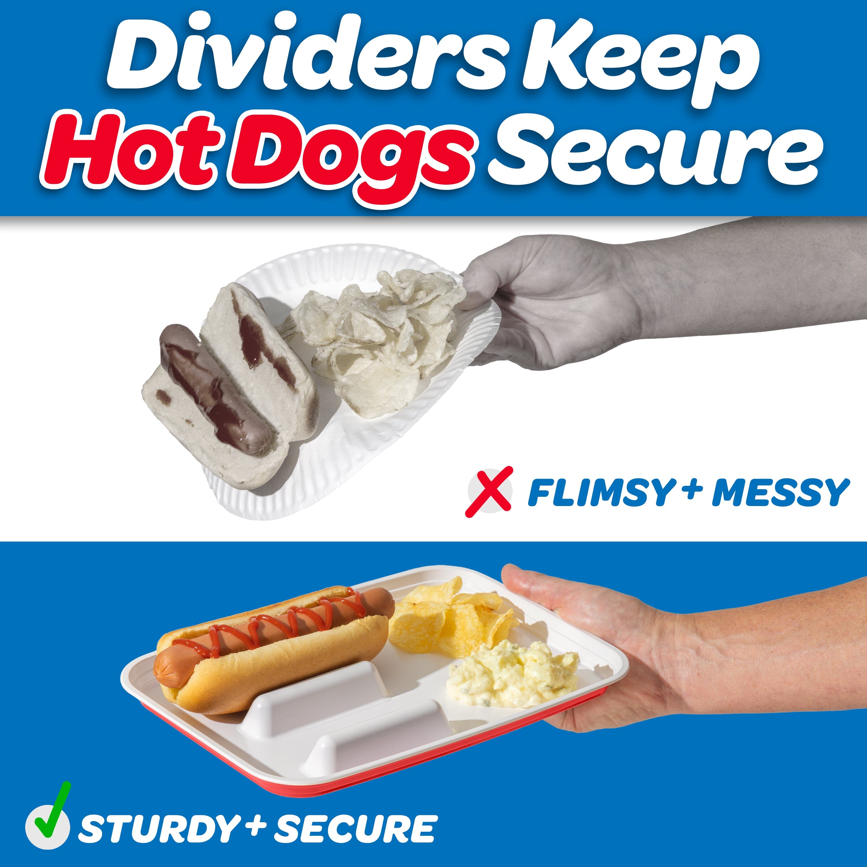 GoBig Hot Dog Food Trays with Dividers - 36 Pack Disposable Red Party Cup Hot Dog Plates for Parties, BBQs, & More Playgosports.com