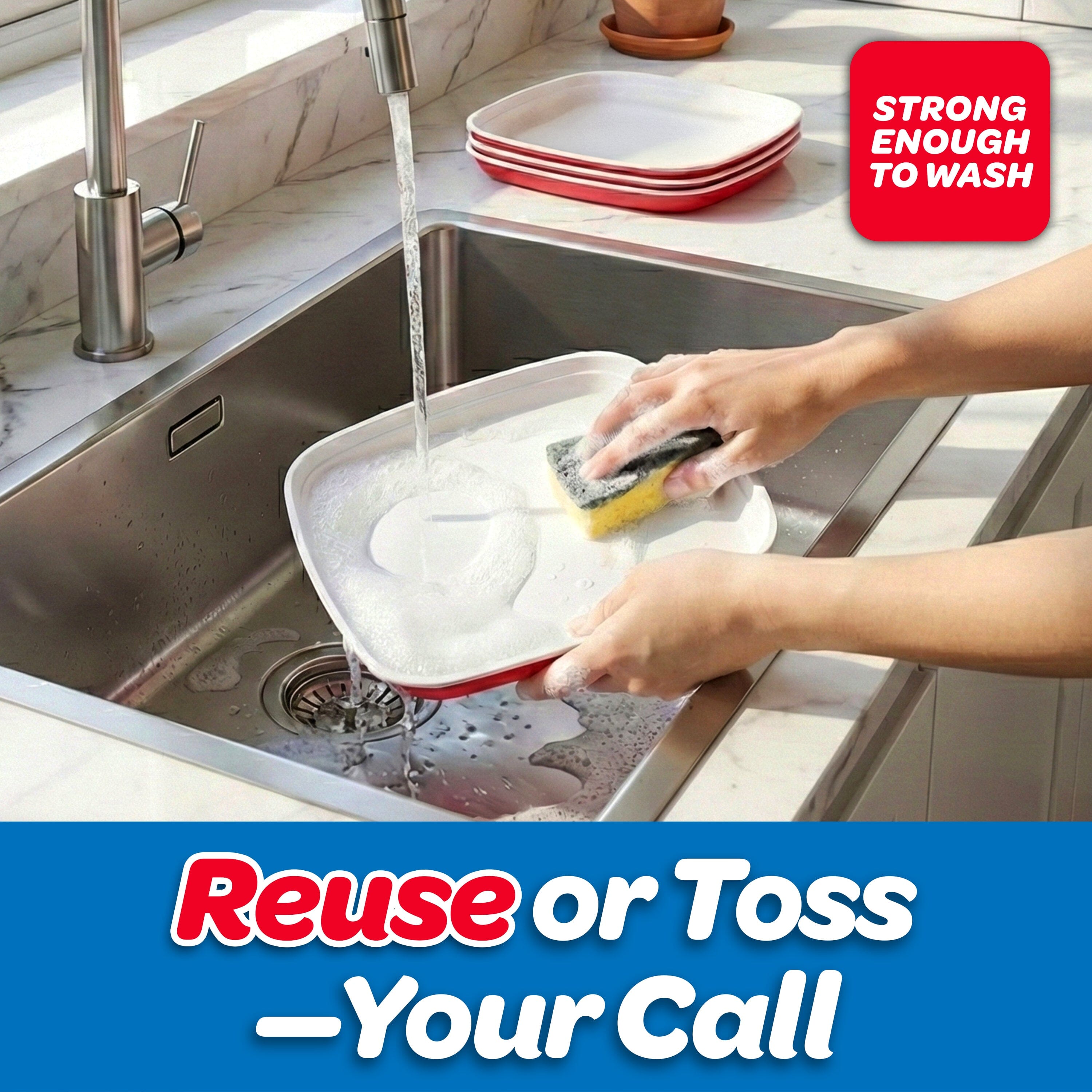 GoBig Red Plastic Disposable Plates - 30 Count 10 Inch - Square Heavy Duty Red Cup Party Plates GoBig