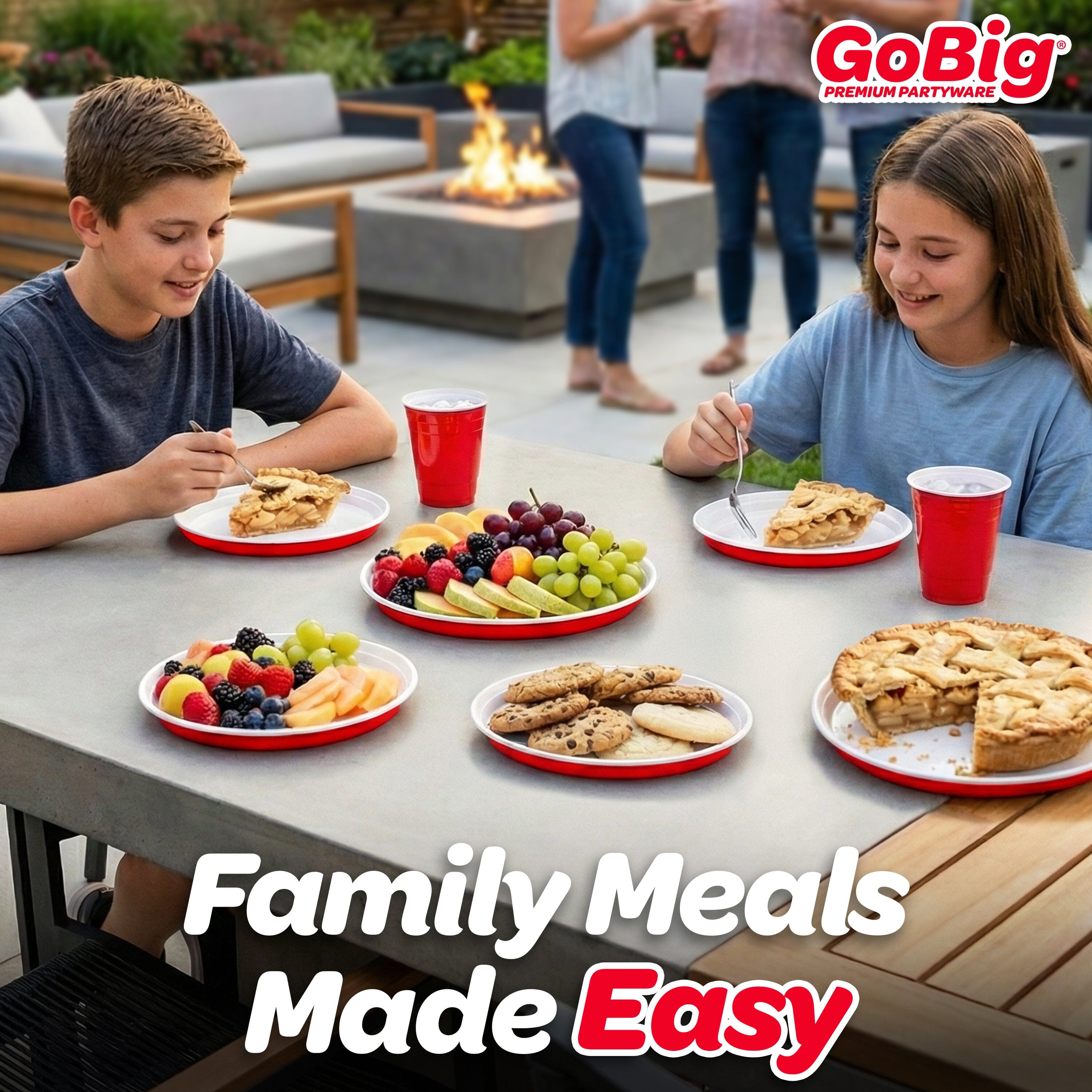 GoBig Red Plastic Disposable Plates - 50 Count 8 Inch - Round Heavy Duty Red Cup Party Plates GoBig