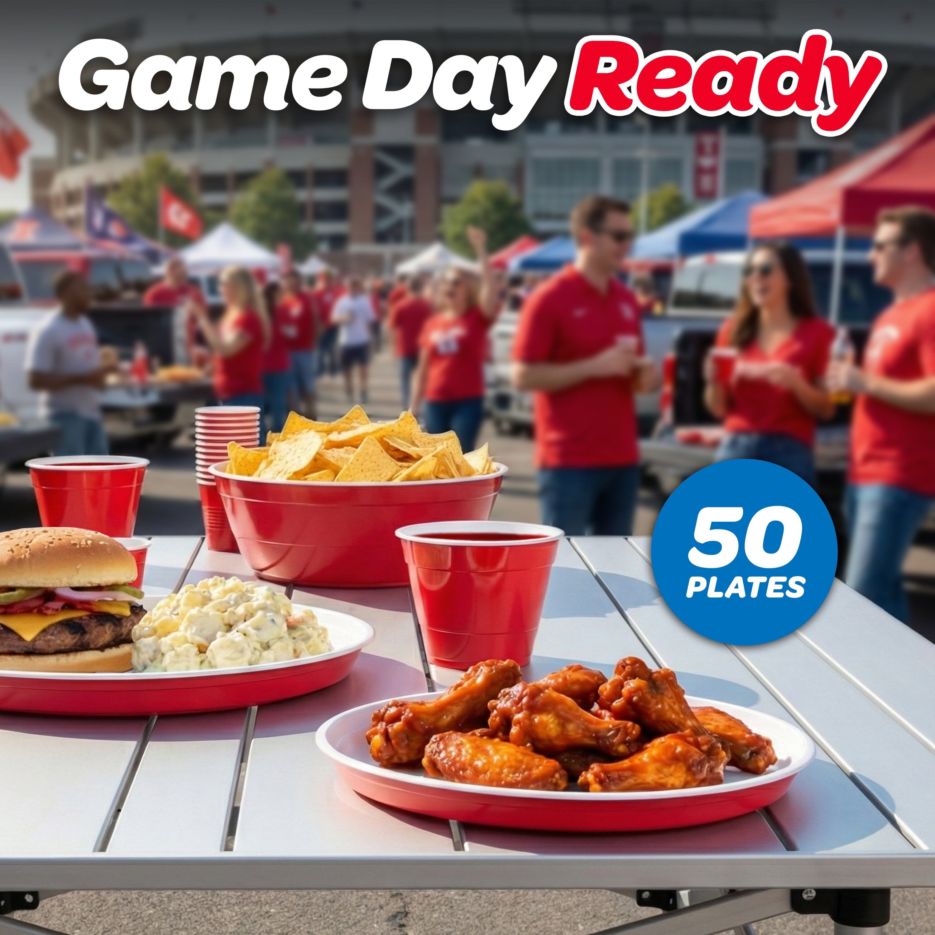 GoBig Red Plastic Disposable Plates - 50 Count 8 Inch - Round Heavy Duty Red Cup Party Plates GoBig