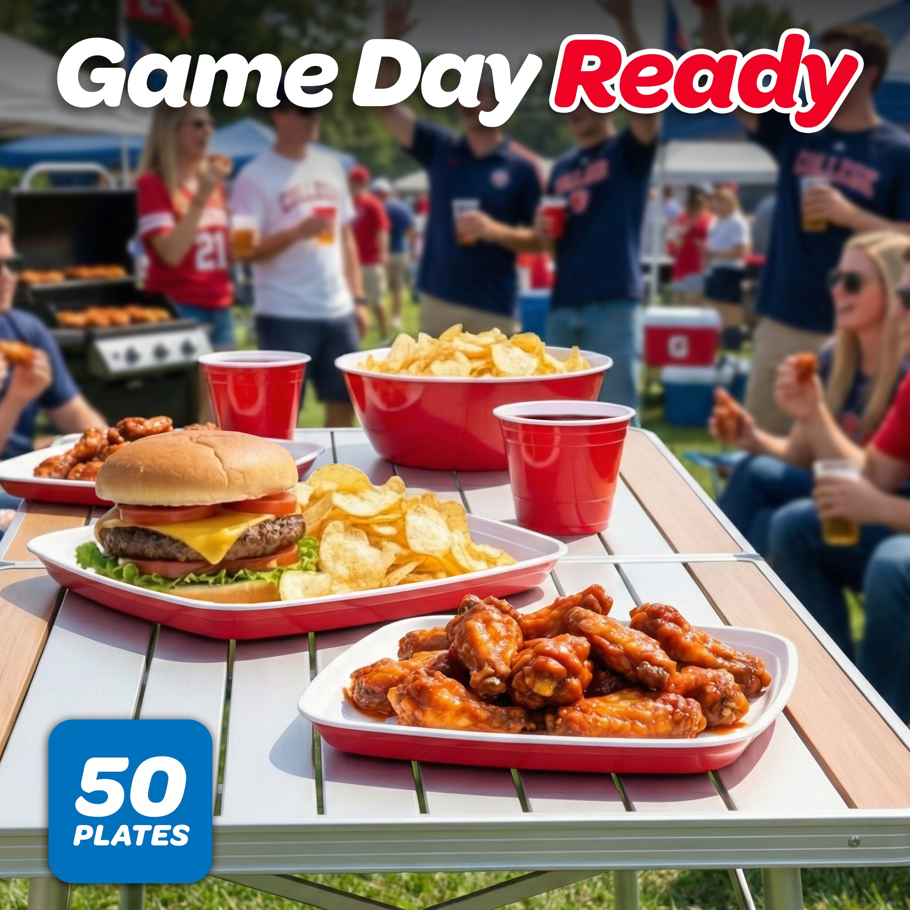 GoBig Red Plastic Disposable Plates - 50 Count 8 Inch - Square Heavy Duty Red Cup Party Plates GoBig