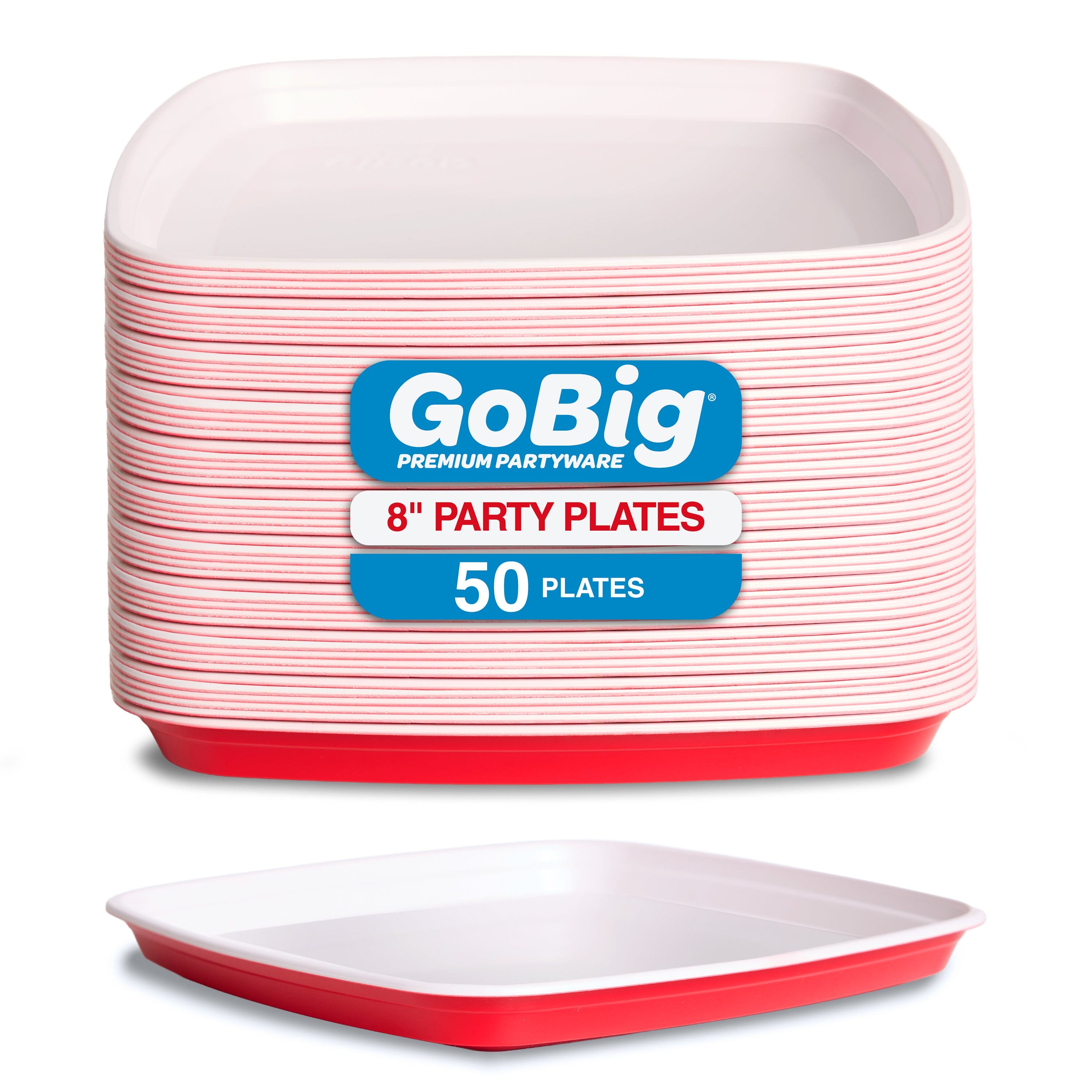 GoBig Red Plastic Disposable Plates - 50 Count 8 Inch - Square Heavy Duty Red Cup Party Plates GoBig