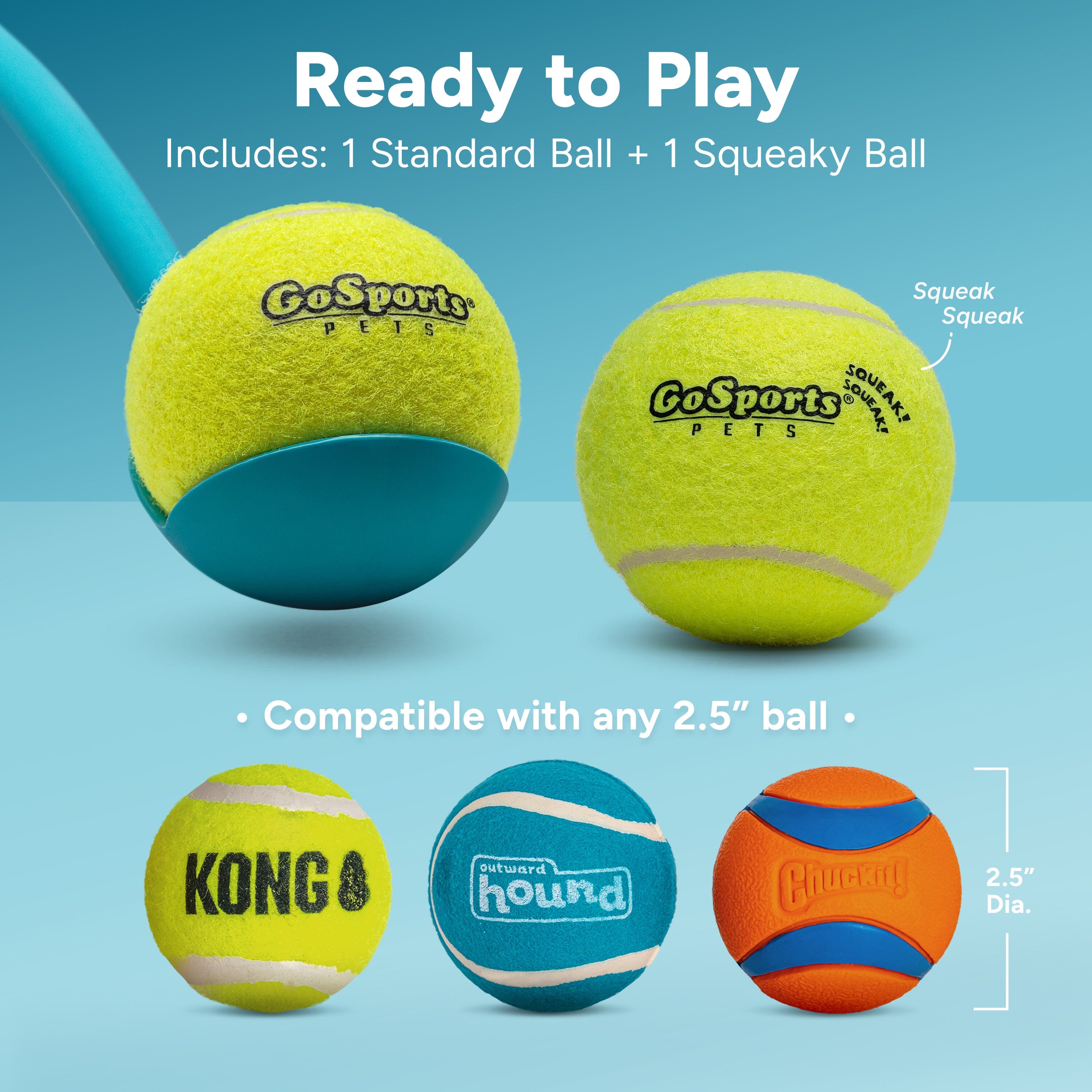 GoSports Pets Dog Ball Launcher - Ergonomic Tennis Ball Thrower for Dogs 20+ lbs - Includes Tosser and (2) 2.5 Inch Balls for Fetch Playgosports.com