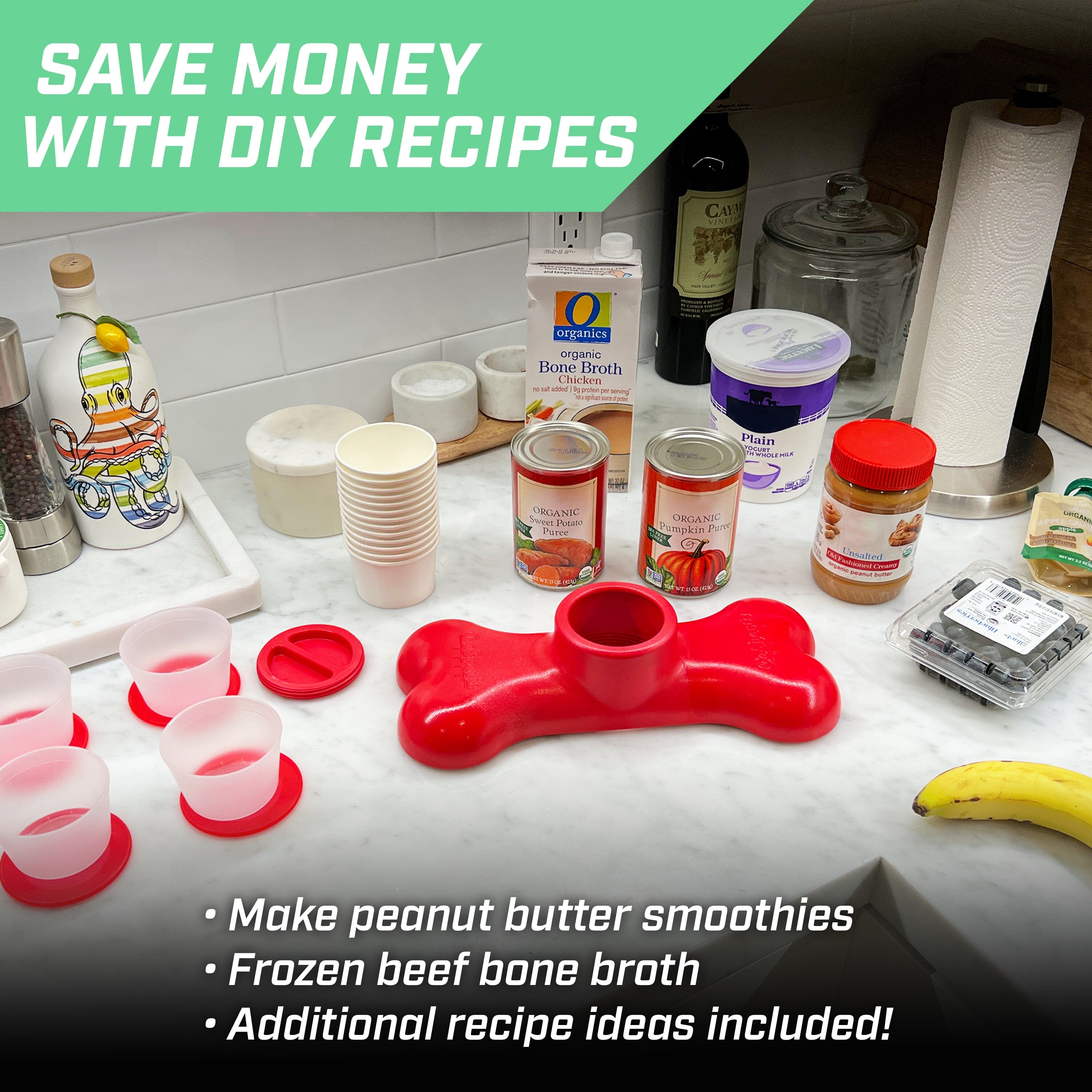 a counter with a bunch of food items on it