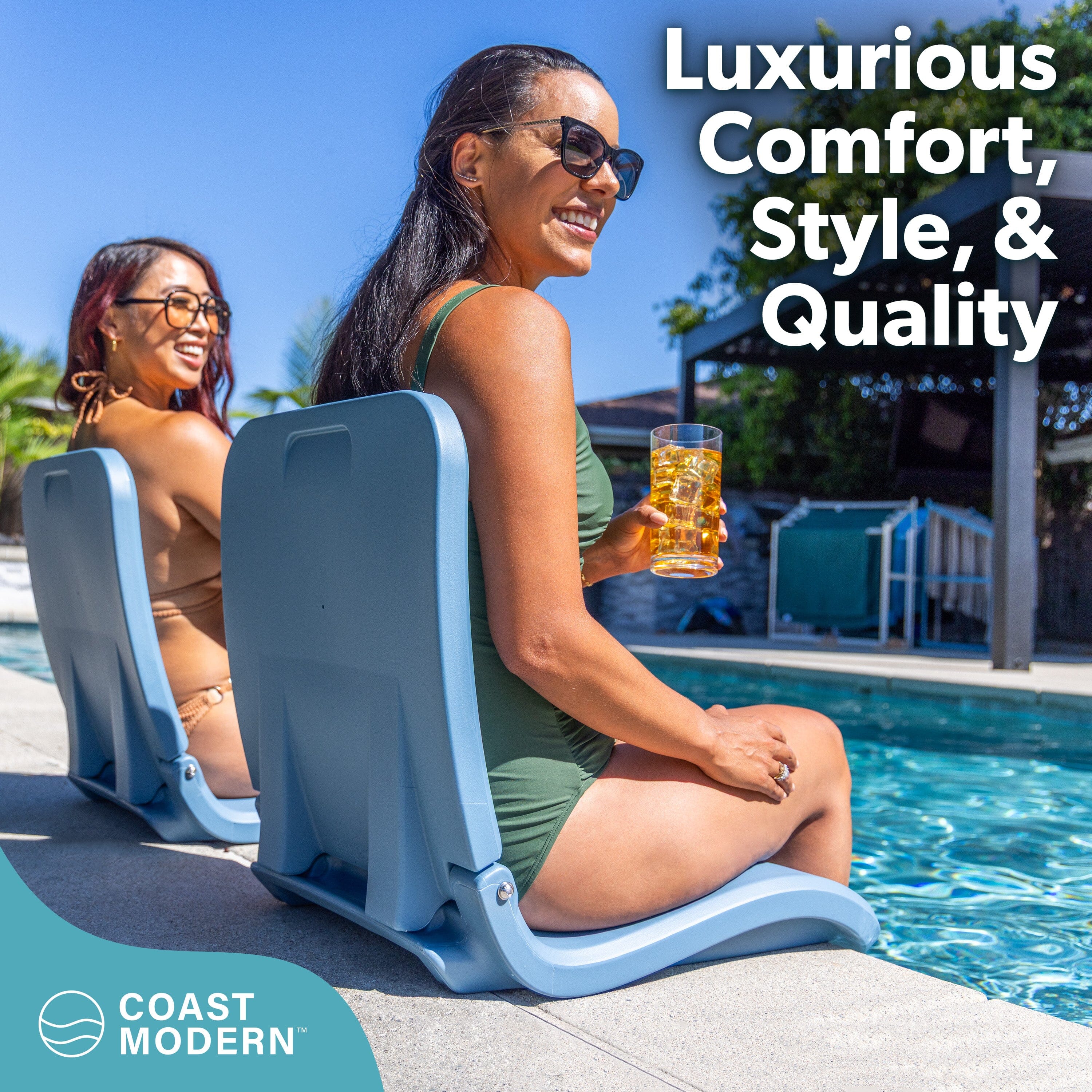 Coast Modern Portable Poolside Chair – Adult Foldable Flip Chair for Pool, Beach, Tailgating & Stadium – Durable Plastic with Back Support - Stone Blue Playgosports.com