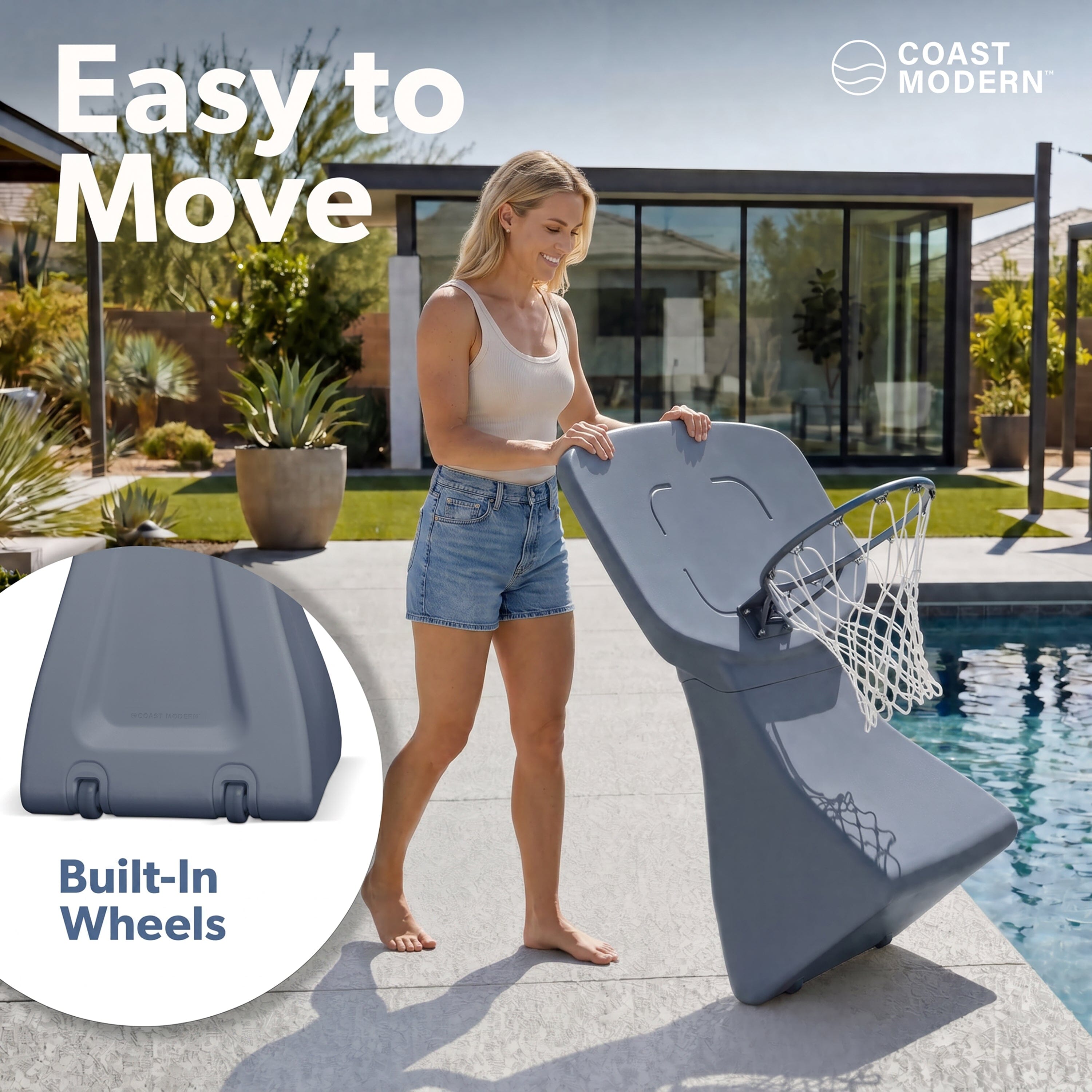 Coast Modern Poolside Basketball Hoop with Wheels - Premium Outdoor Pool Basketball Hoop with 2 Swimming Pool Basketballs and Ball Pump - White Playgosports.com