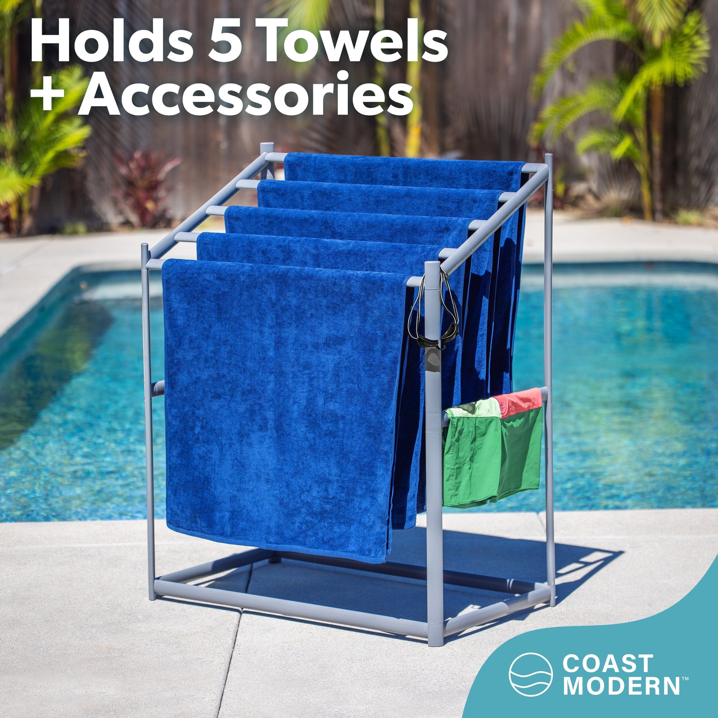 Coast Modern Pool Towel Rack – 5 Beach Towel PVC Drying Rack for Outdoor & Indoor Use - Gray PlayGoSports.com