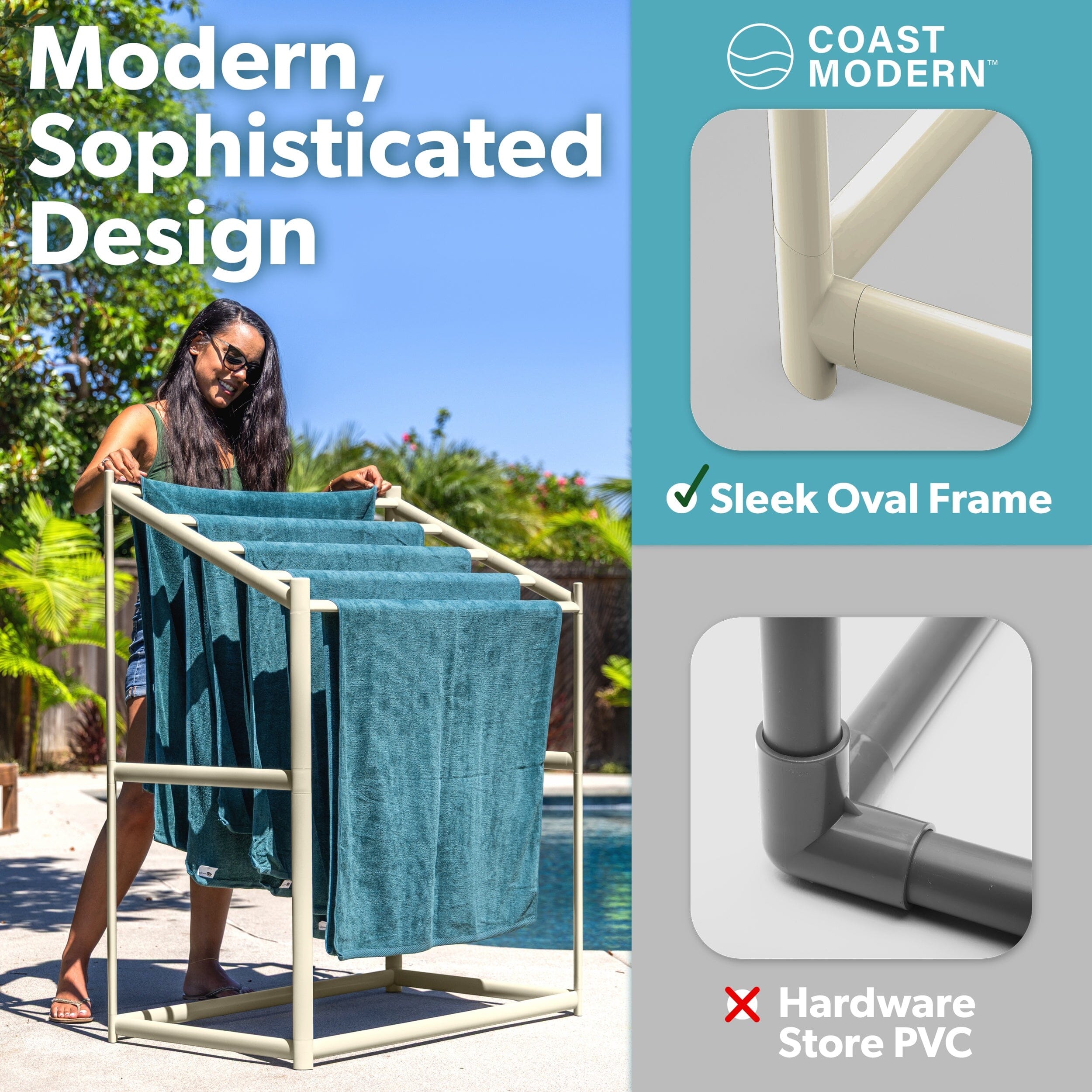Coast Modern Pool Towel Rack – 5 Beach Towel PVC Drying Rack for Outdoor & Indoor Use - Sand PlayGoSports.com