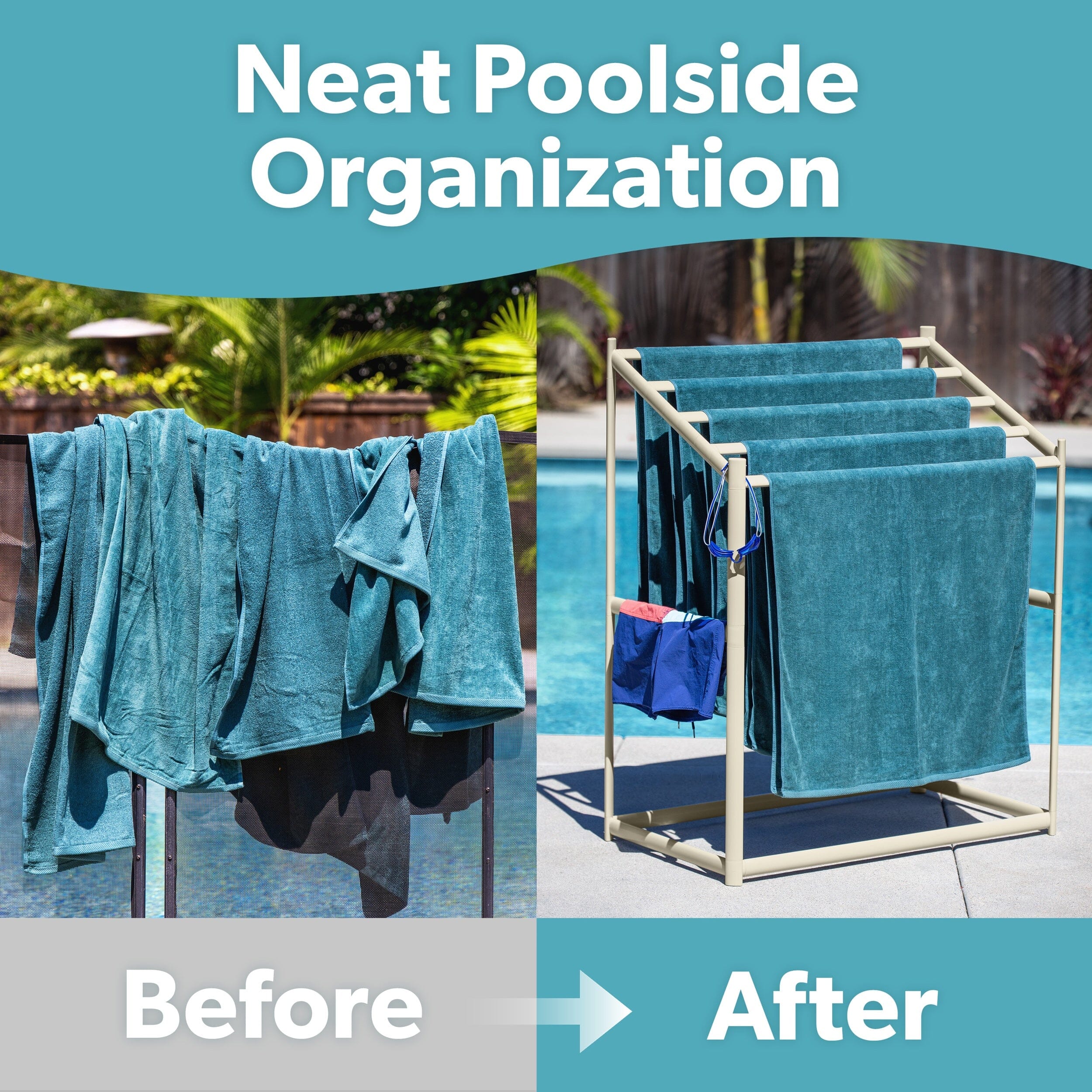 Coast Modern Pool Towel Rack – 5 Beach Towel PVC Drying Rack for Outdoor & Indoor Use - Sand PlayGoSports.com