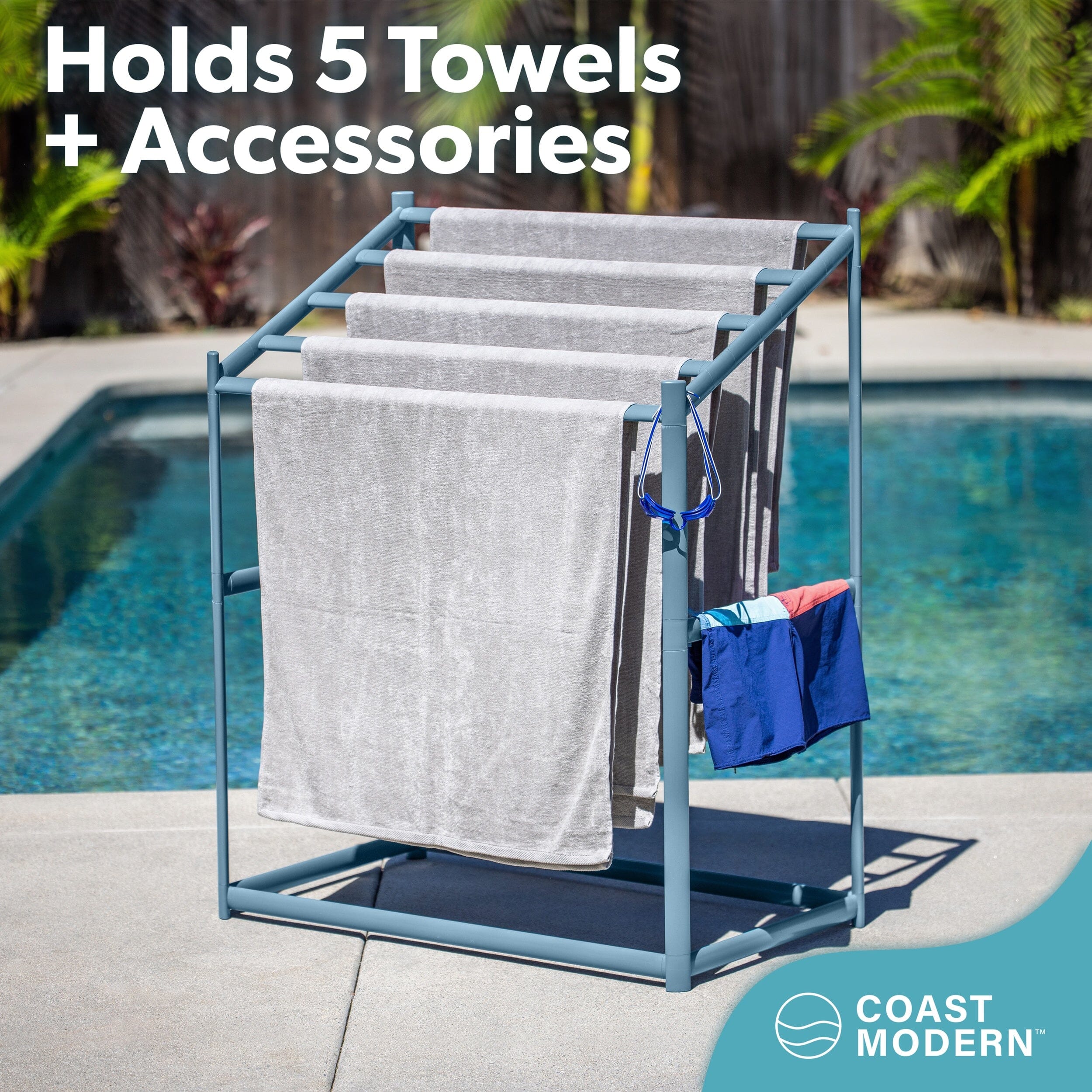 Coast Modern Pool Towel Rack – 5 Beach Towel PVC Drying Rack for Outdoor & Indoor Use - Stone Blue PlayGoSports.com