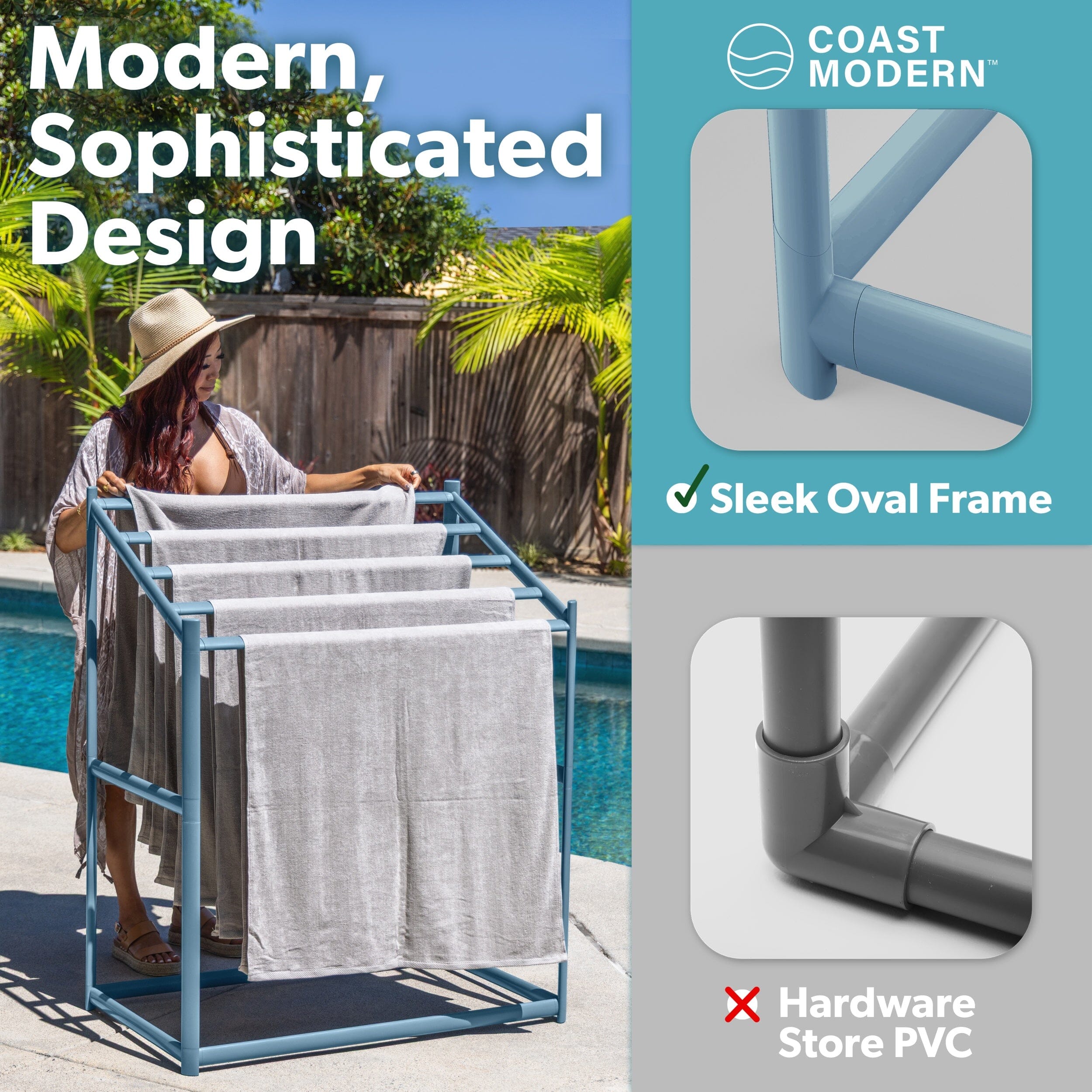 Coast Modern Pool Towel Rack – 5 Beach Towel PVC Drying Rack for Outdoor & Indoor Use - Stone Blue PlayGoSports.com