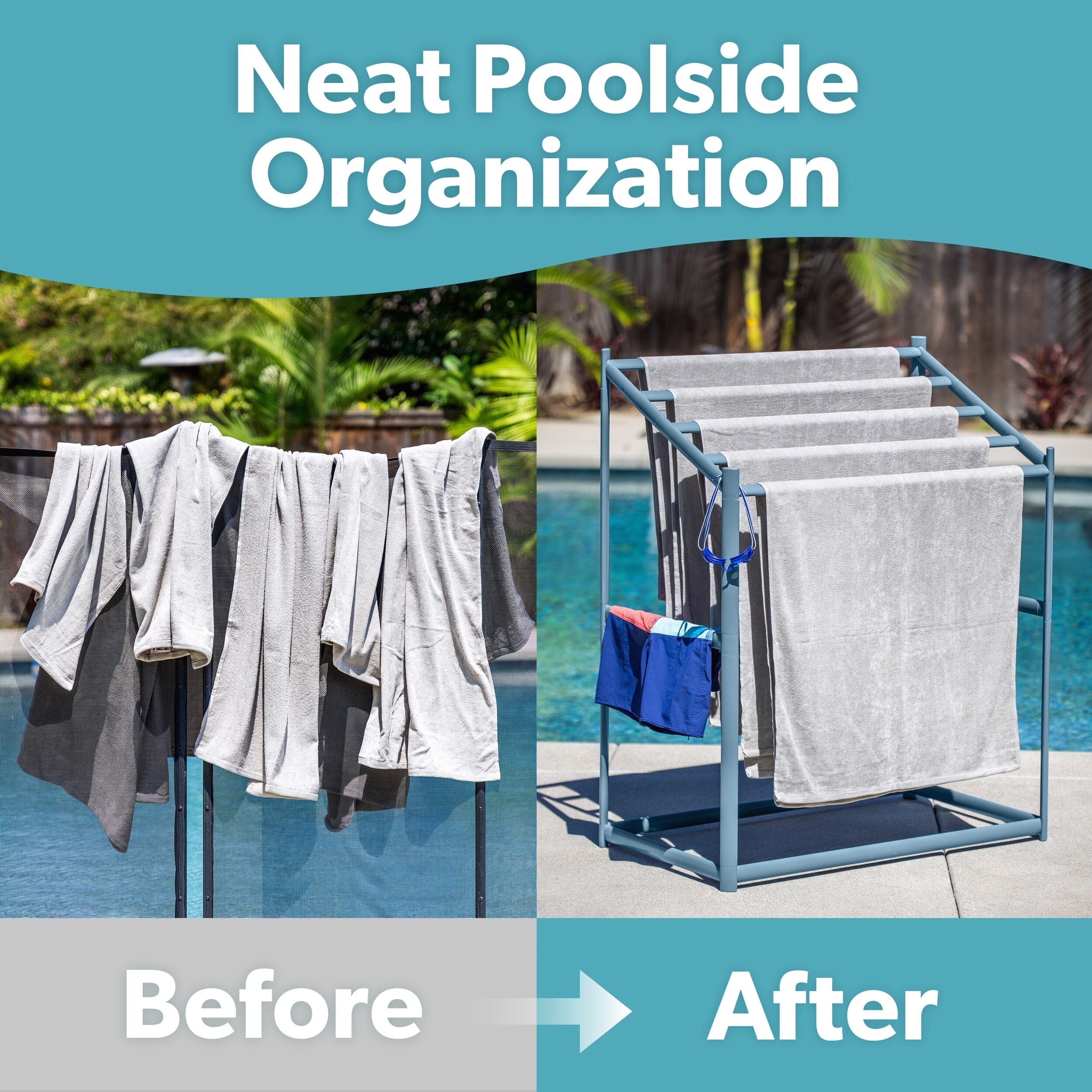 Coast Modern Pool Towel Rack – 5 Beach Towel PVC Drying Rack for Outdoor & Indoor Use - Stone Blue PlayGoSports.com