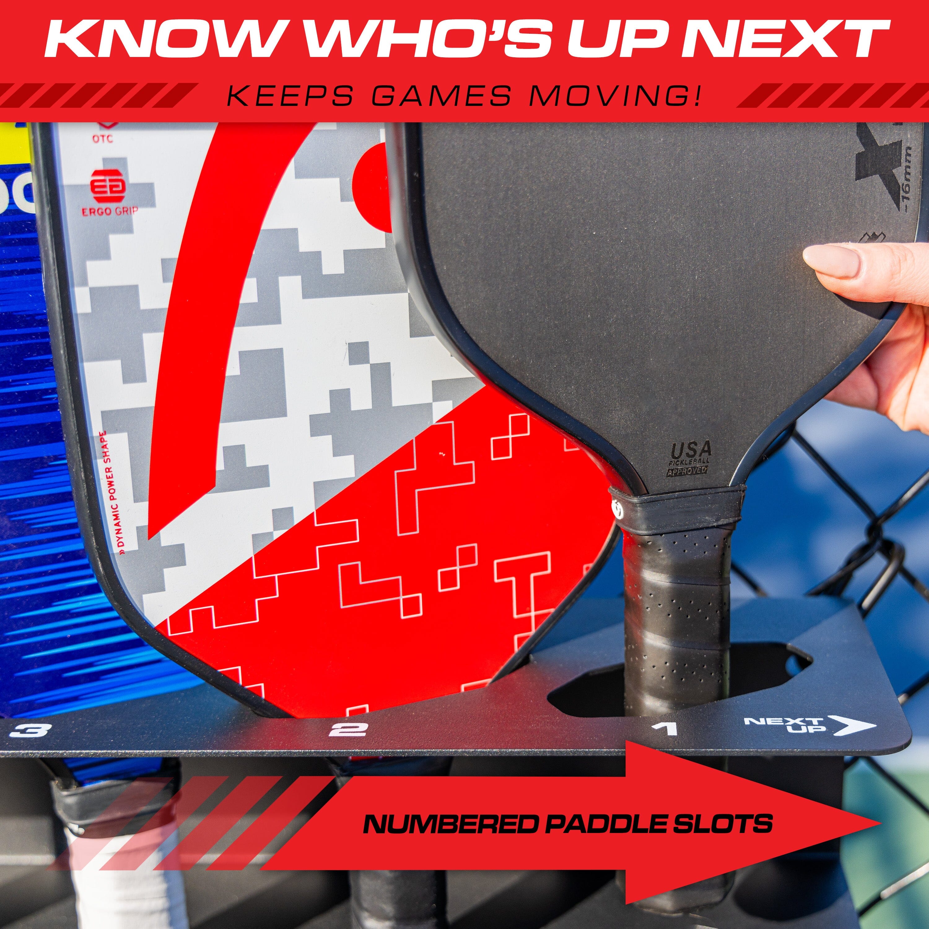 GoSports Pickleball Paddle Holder Rack - Fits 8 Pickleball Paddles - Fence Mount, Commercial Grade with Next Up Player Tracker GoSports