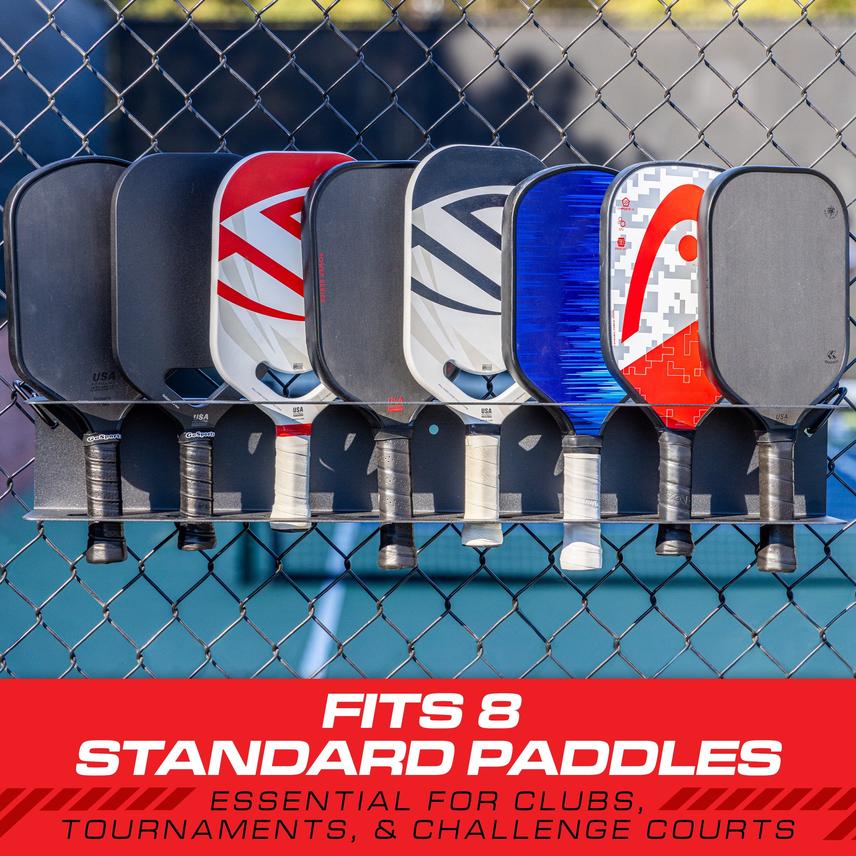 GoSports Pickleball Paddle Holder Rack - Fits 8 Pickleball Paddles - Fence Mount, Commercial Grade with Next Up Player Tracker GoSports
