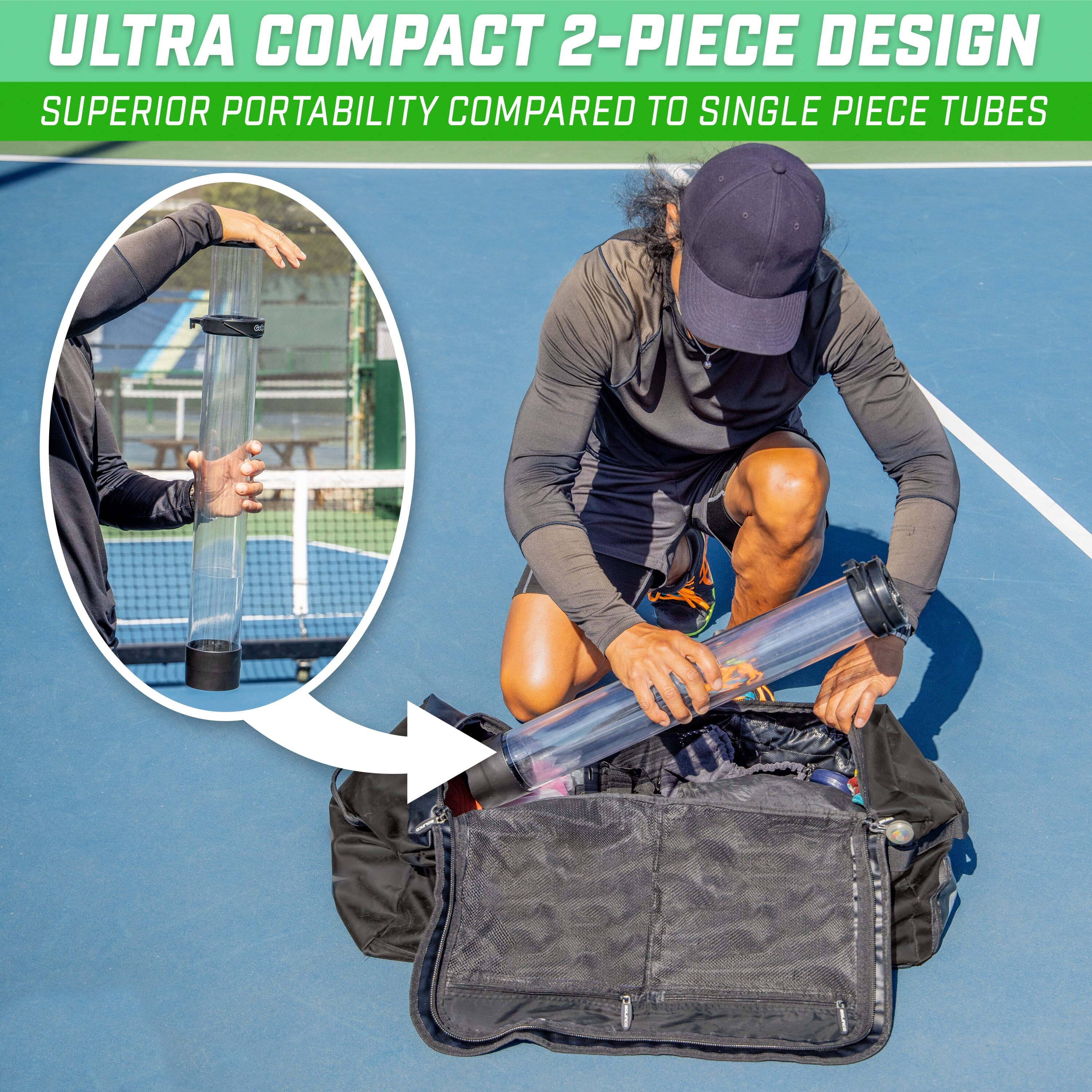 a man kneeling on a tennis court with a bag