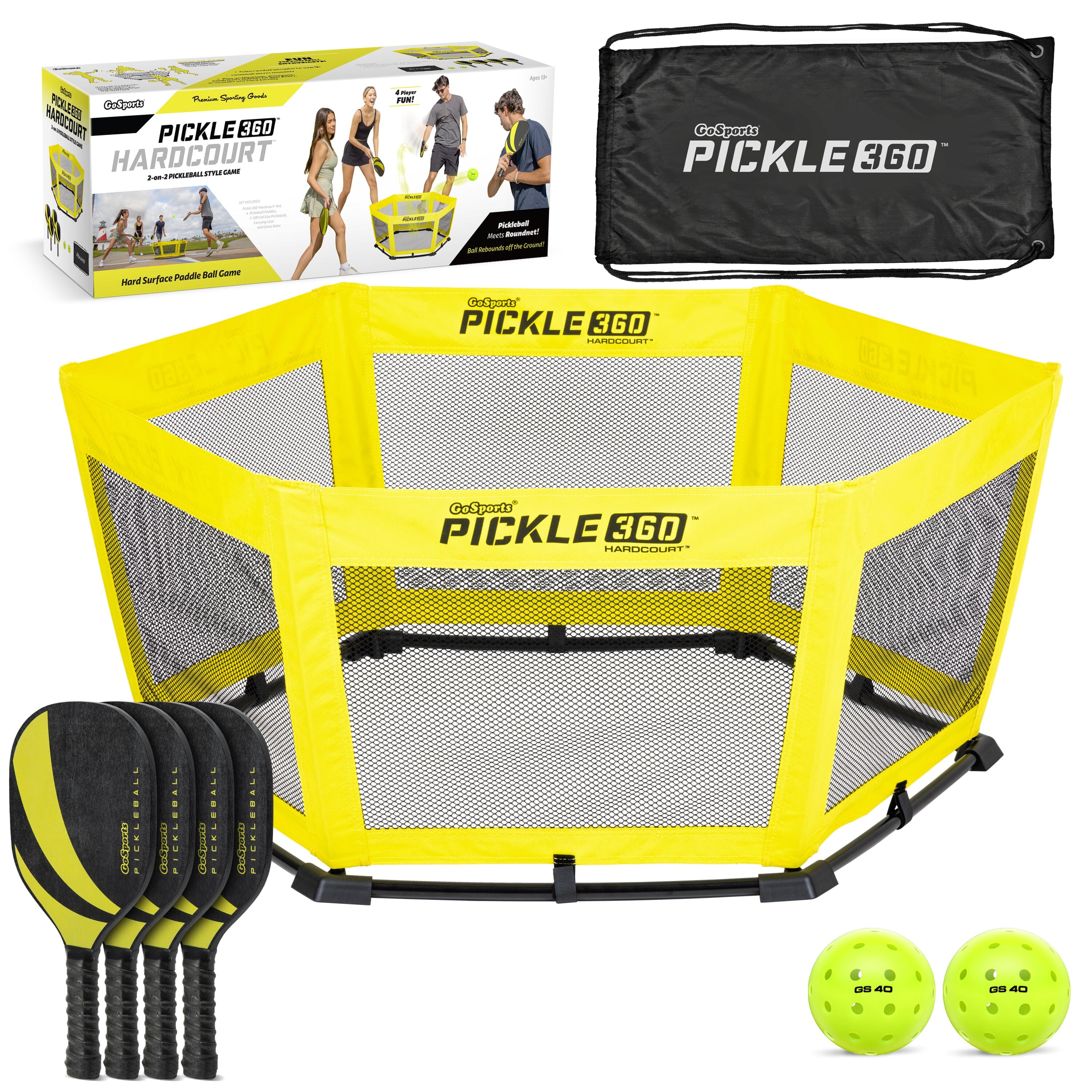 pickle360 net set with four paddles 2 green balls carry bag