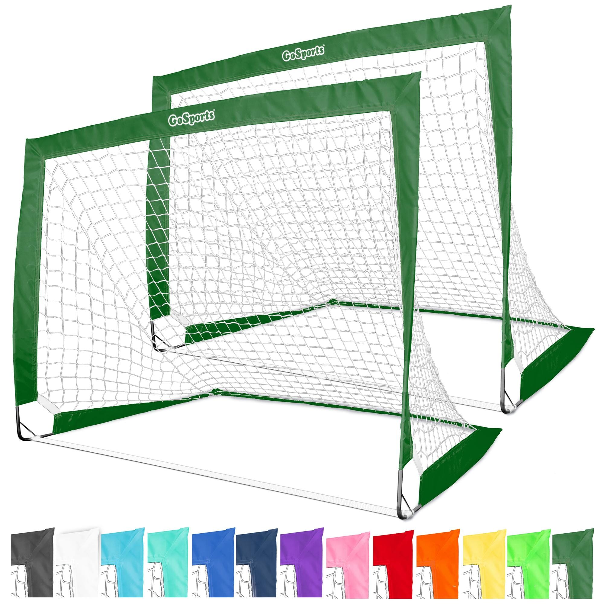 A set of two dark green portable soccer goals with pop-up nets, along with six metal stakes