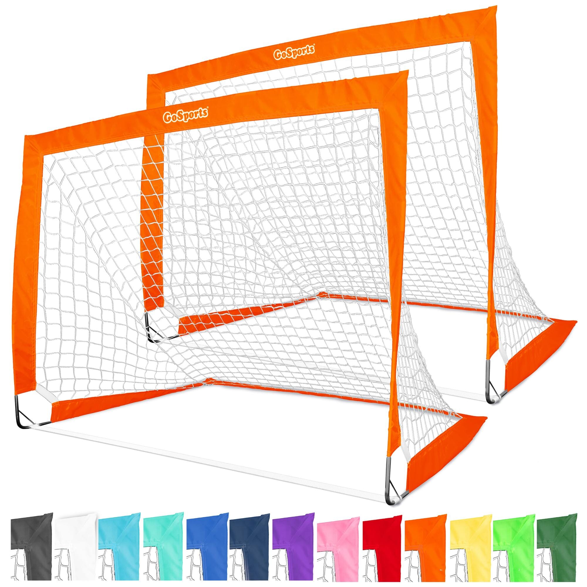 a soccer goal with a white net and orange net