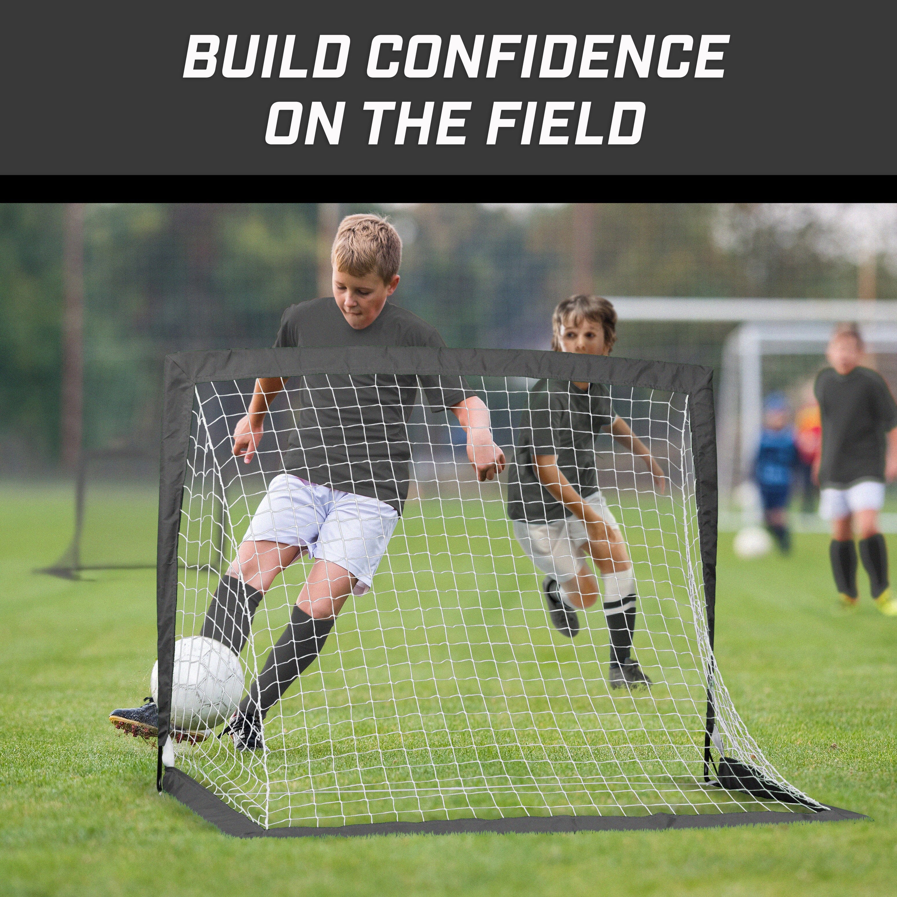Children playing soccer on a field with a goal net, text 'Build Confidence on the Field' above.