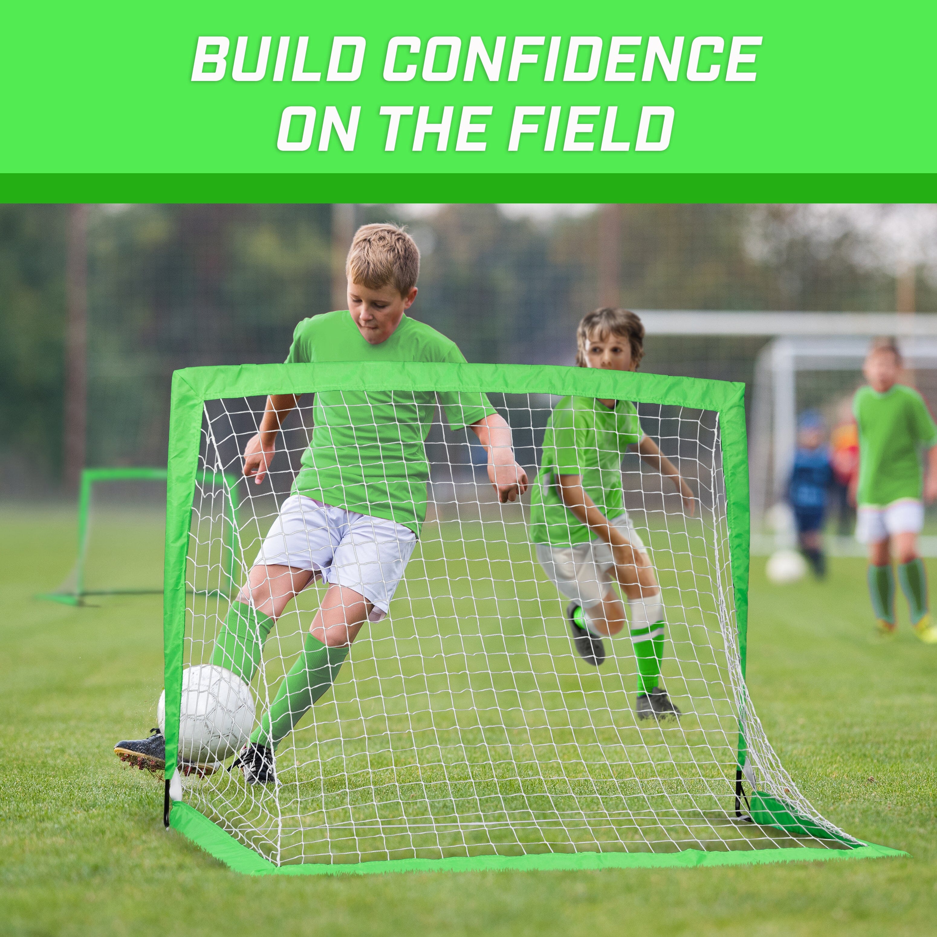 Children playing soccer on a field with a goal and text 'Build Confidence on the Field'.