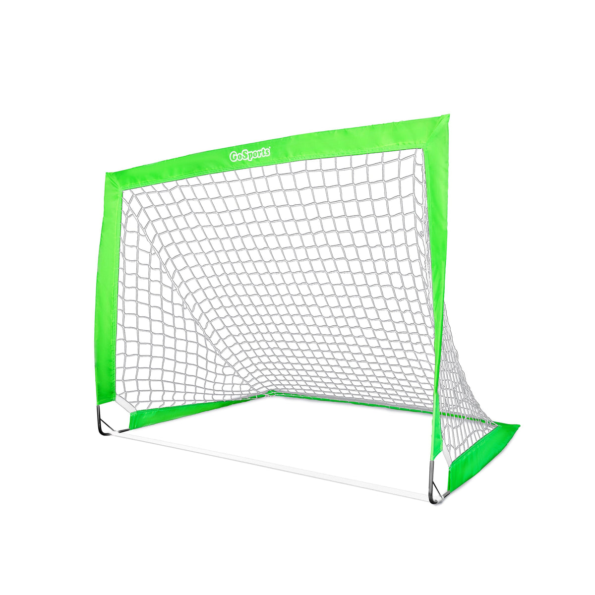 Bright green GoSports Team Tone portable soccer goal for kids with a white net, angled view on a white background