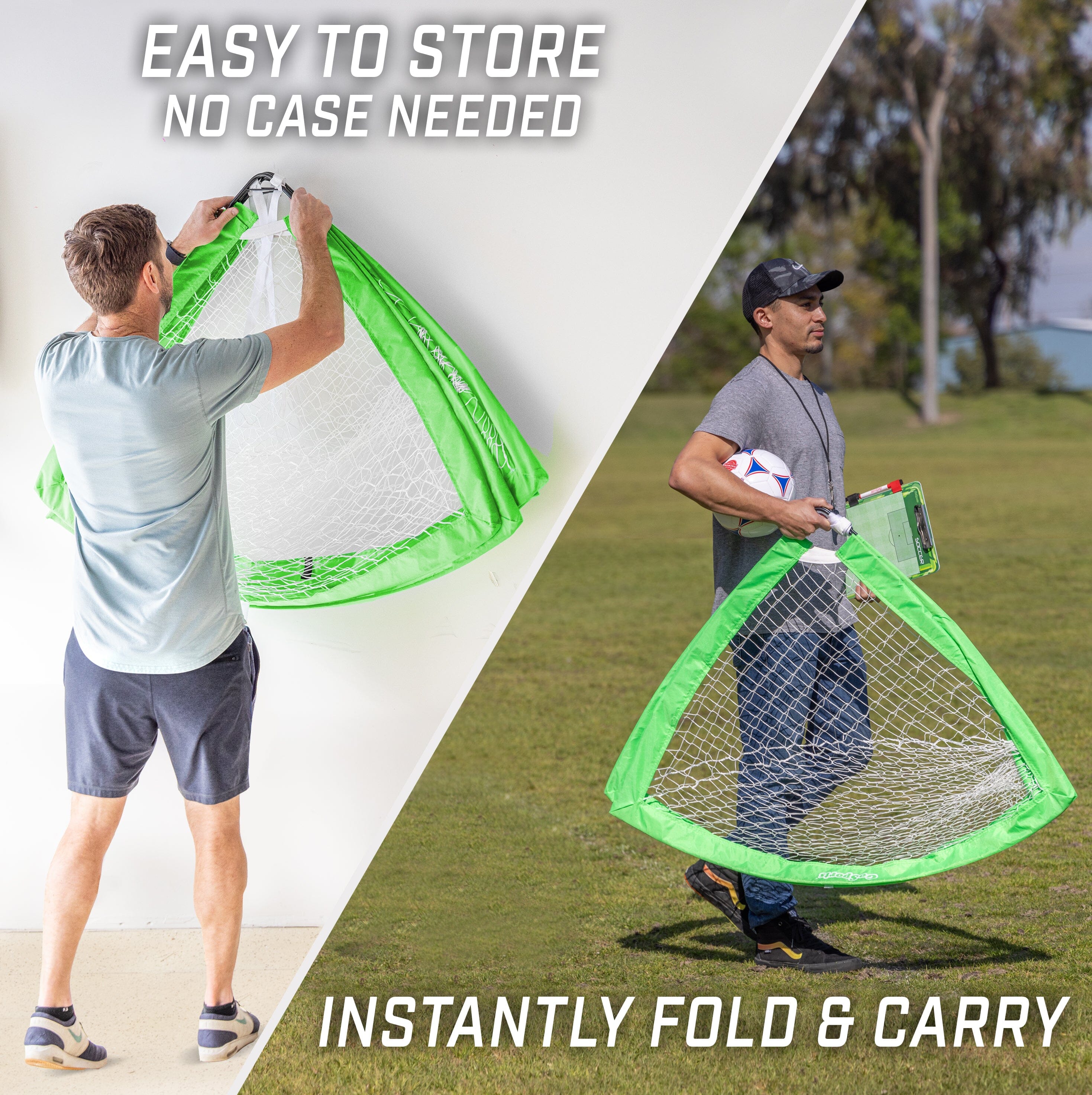 Person folding and carrying a green net on a grassy field. Text ' Easy to store no case needed'.