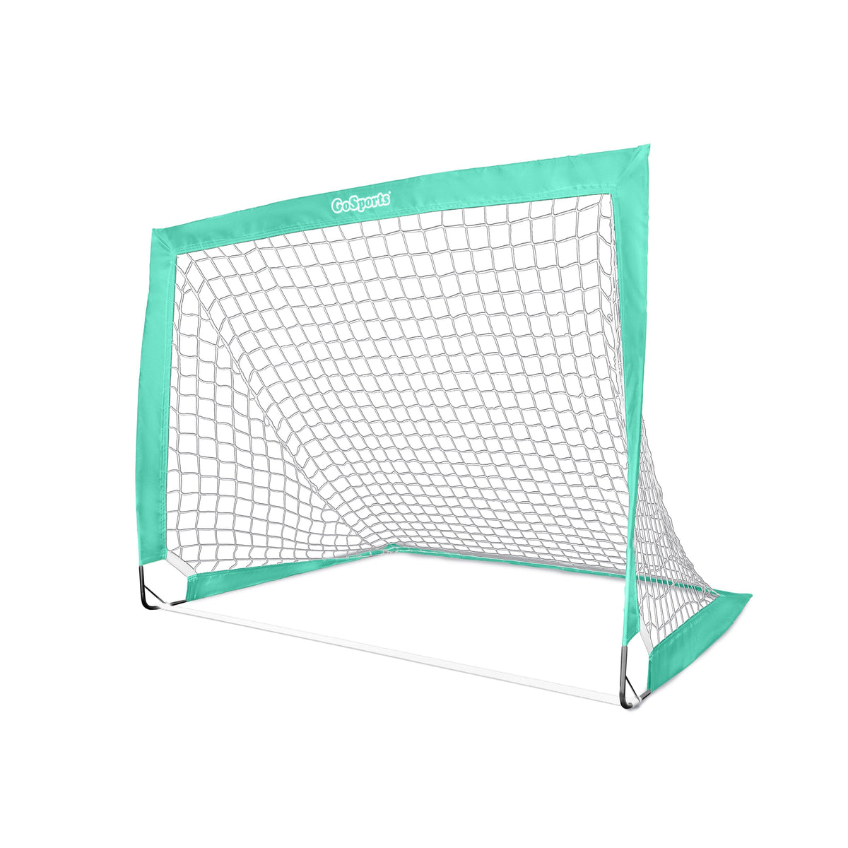 Turquoise GoSports Team Tone pop-up soccer goal for kids with white net, angled view on a white background