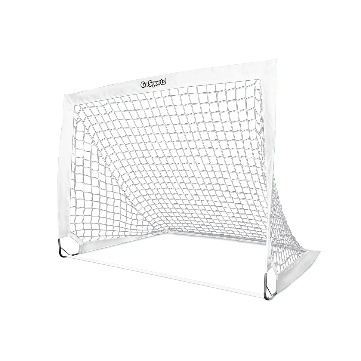 White GoSports Team Tone pop-up soccer goal for kids with white net, angled view on a white background