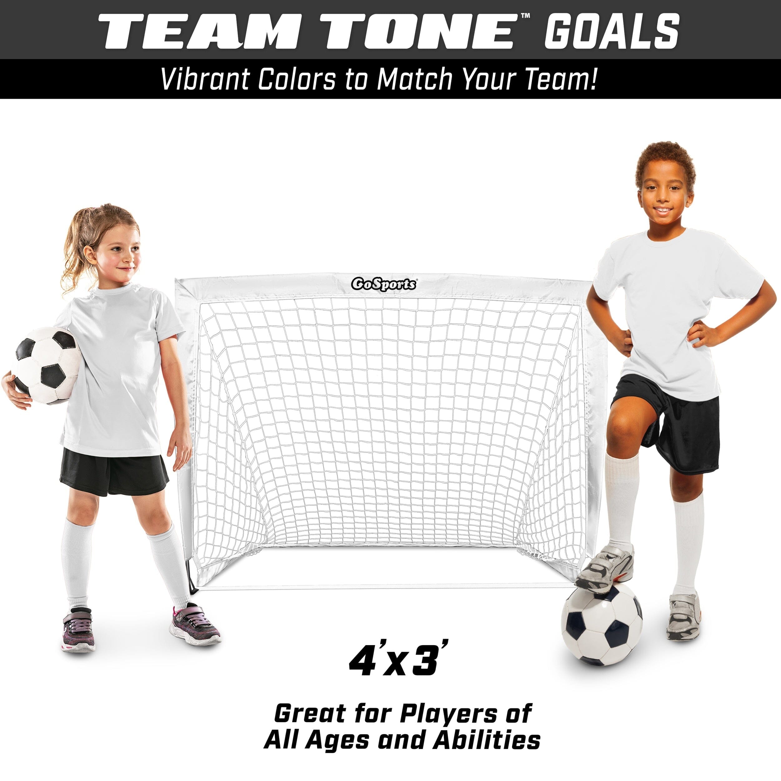 GoSports Team Tone 4 ft x 3 ft Portable Soccer Goal for Kids - Pop Up Net for Backyard - White GoSports