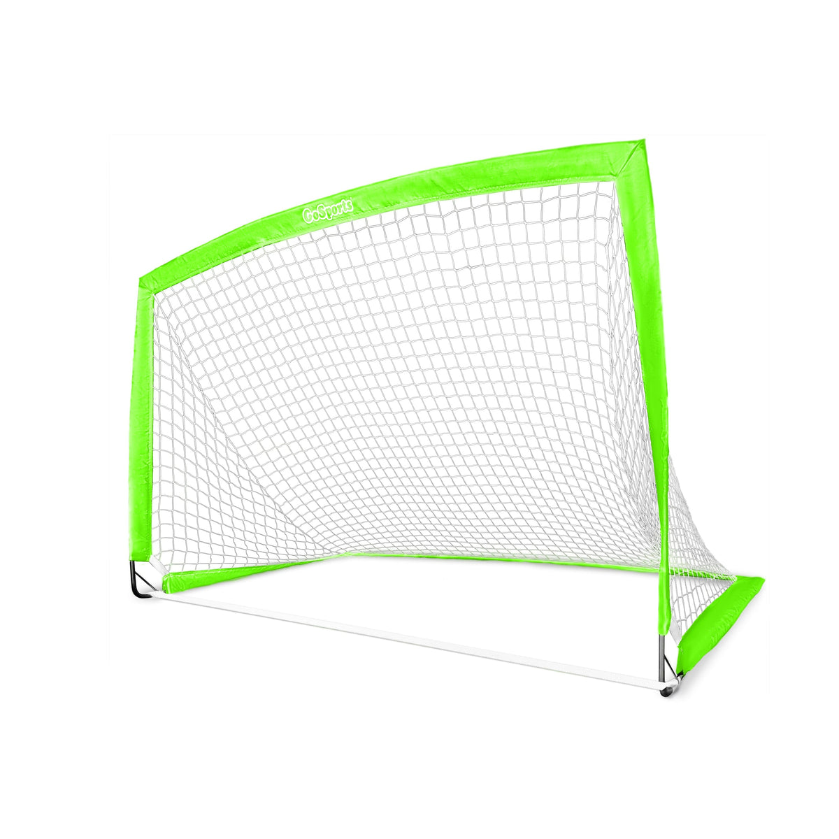 Bright green GoSports Team Tone 6x4 ft pop-up soccer goal for kids with white net, shown on white