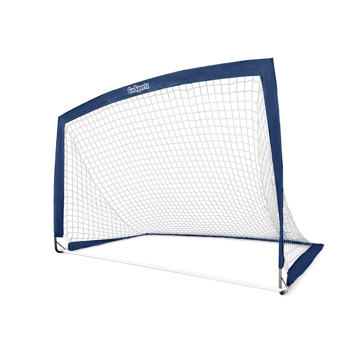 GoSports Team Tone 6x4 ft navy pop-up soccer goal for kids with white net on a white background