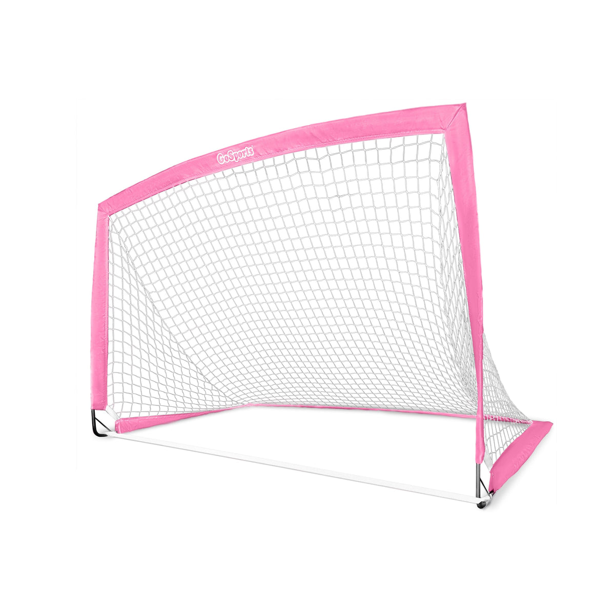 GoSports 6x4 ft pink portable soccer goal for kids with white net, metal corner poles & flat base bar on white