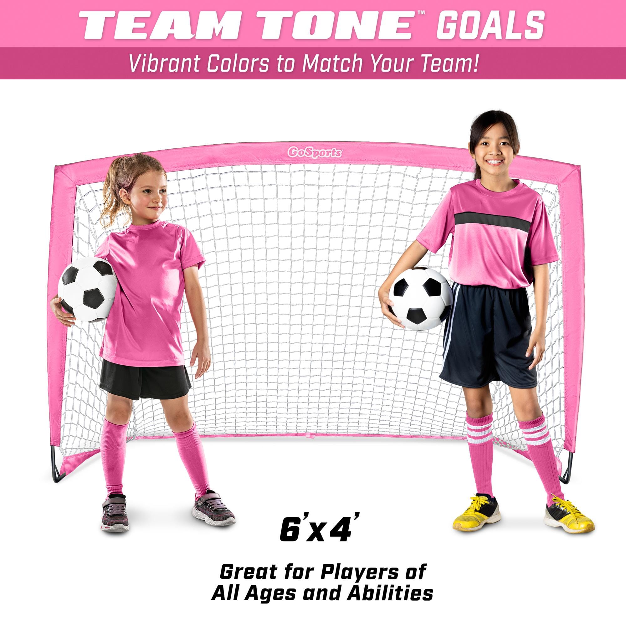 a girl in pink soccer uniform and a girl in black soccer uniform