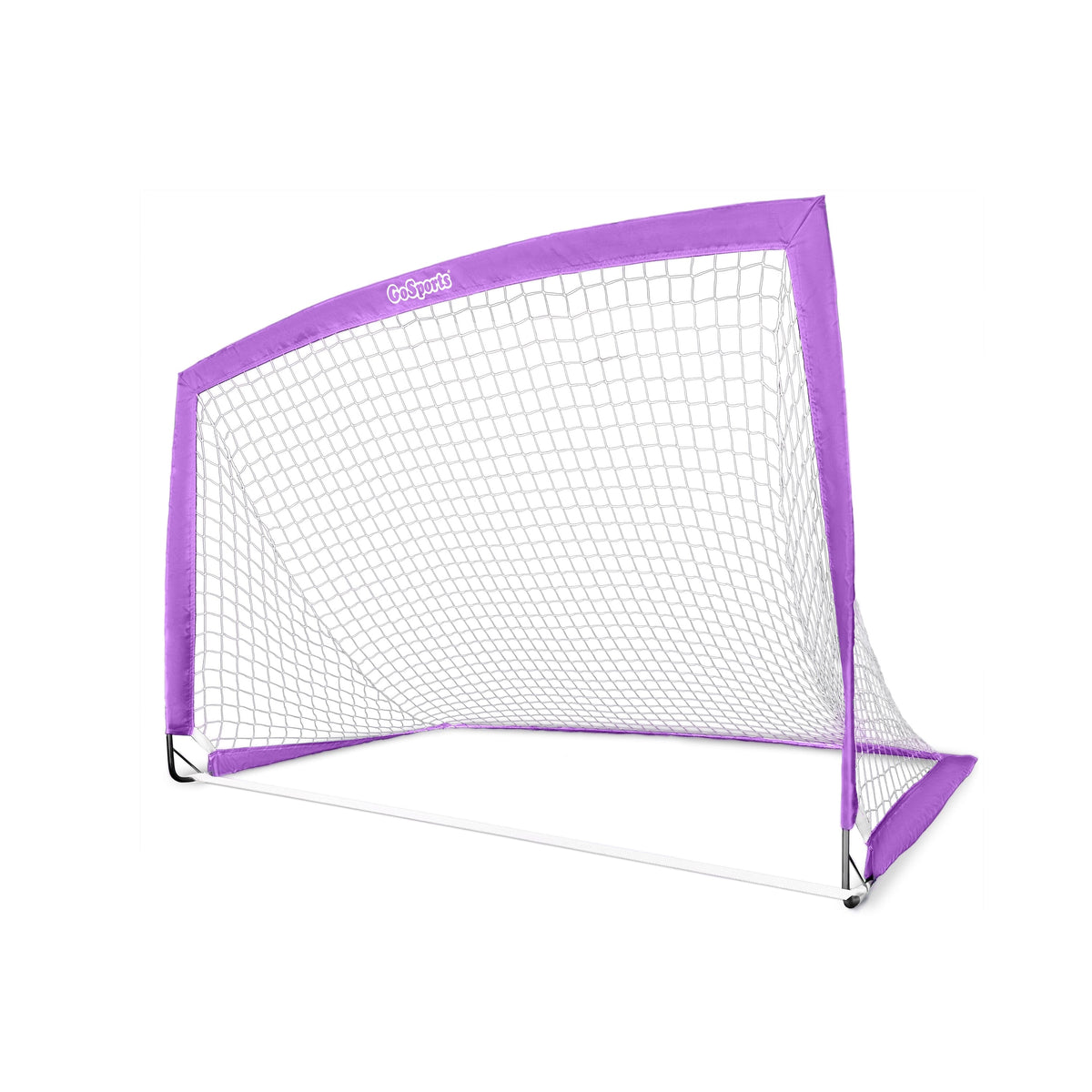 Purple GoSports Team Tone 6x4 ft pop-up soccer goal for kids with white net, front angle on white