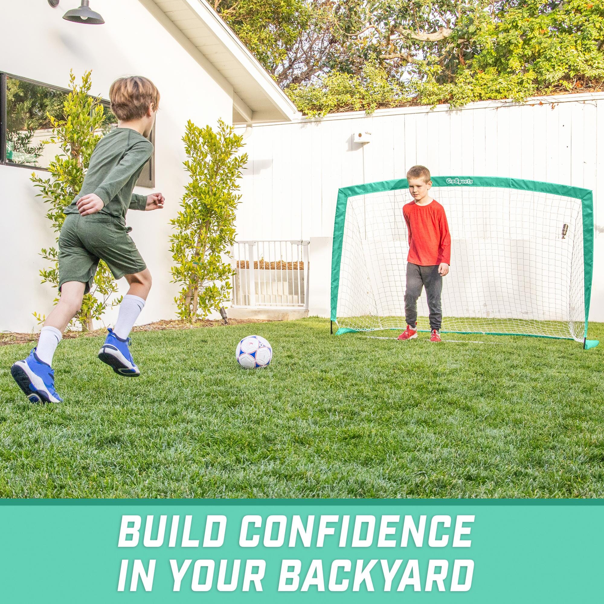 a boy kicking a soccer ball in the yard with the text, build your backyard soccer game