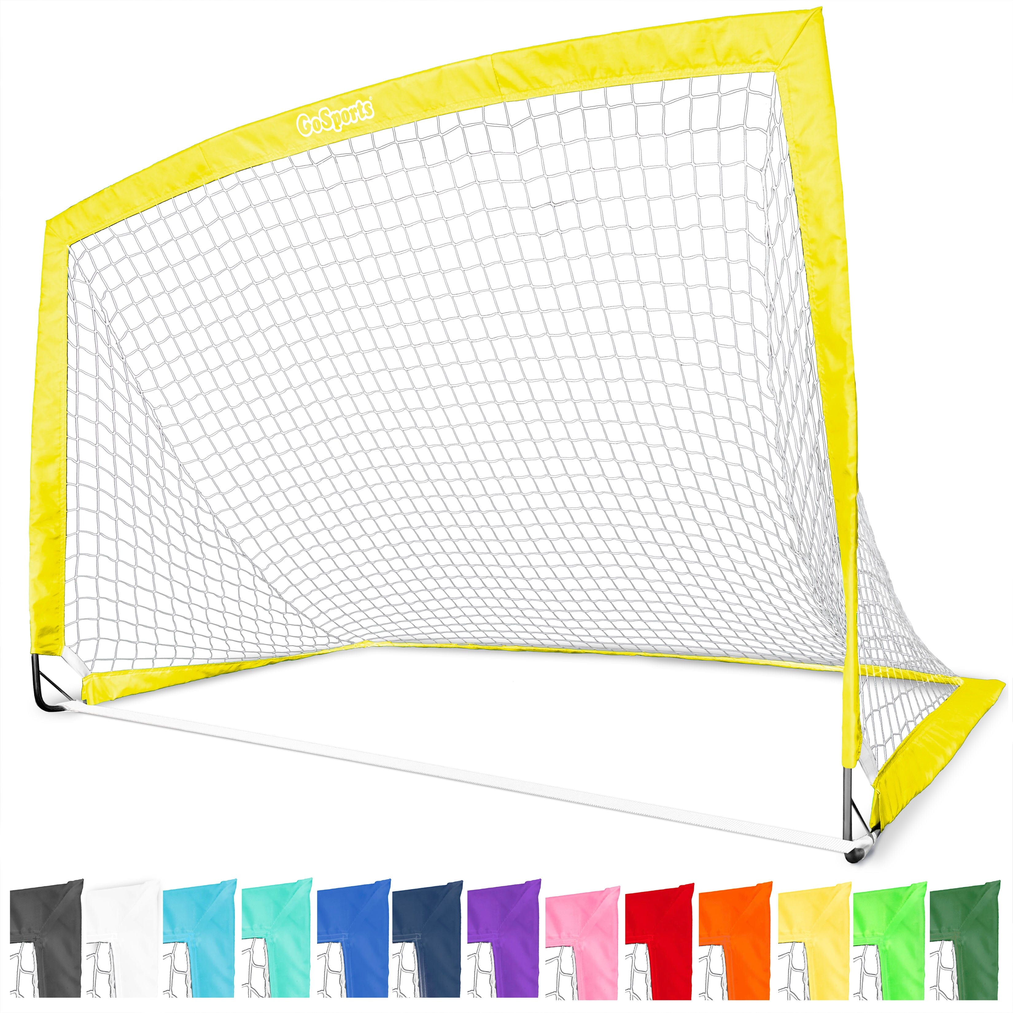a soccer goal with a yellow net and six different colors