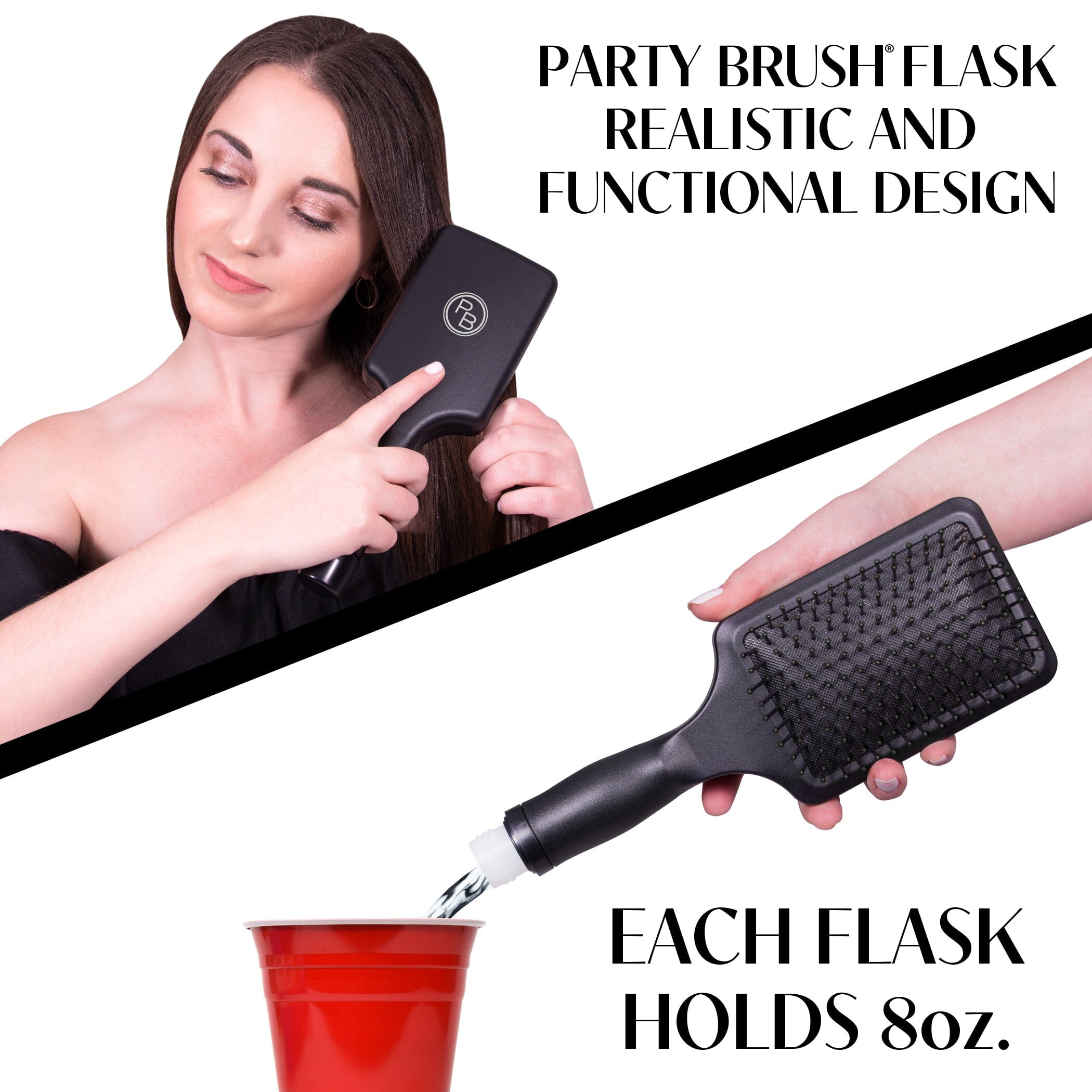 GoPong Party Brush Flask 2 Pack (16 oz Total) - Hidden Alcohol Travel Flasks for Women and Men – Secret Liquor Containers for Concerts, Cruises, and Sports Events – Includes Funnel & Spout - Black GoSports