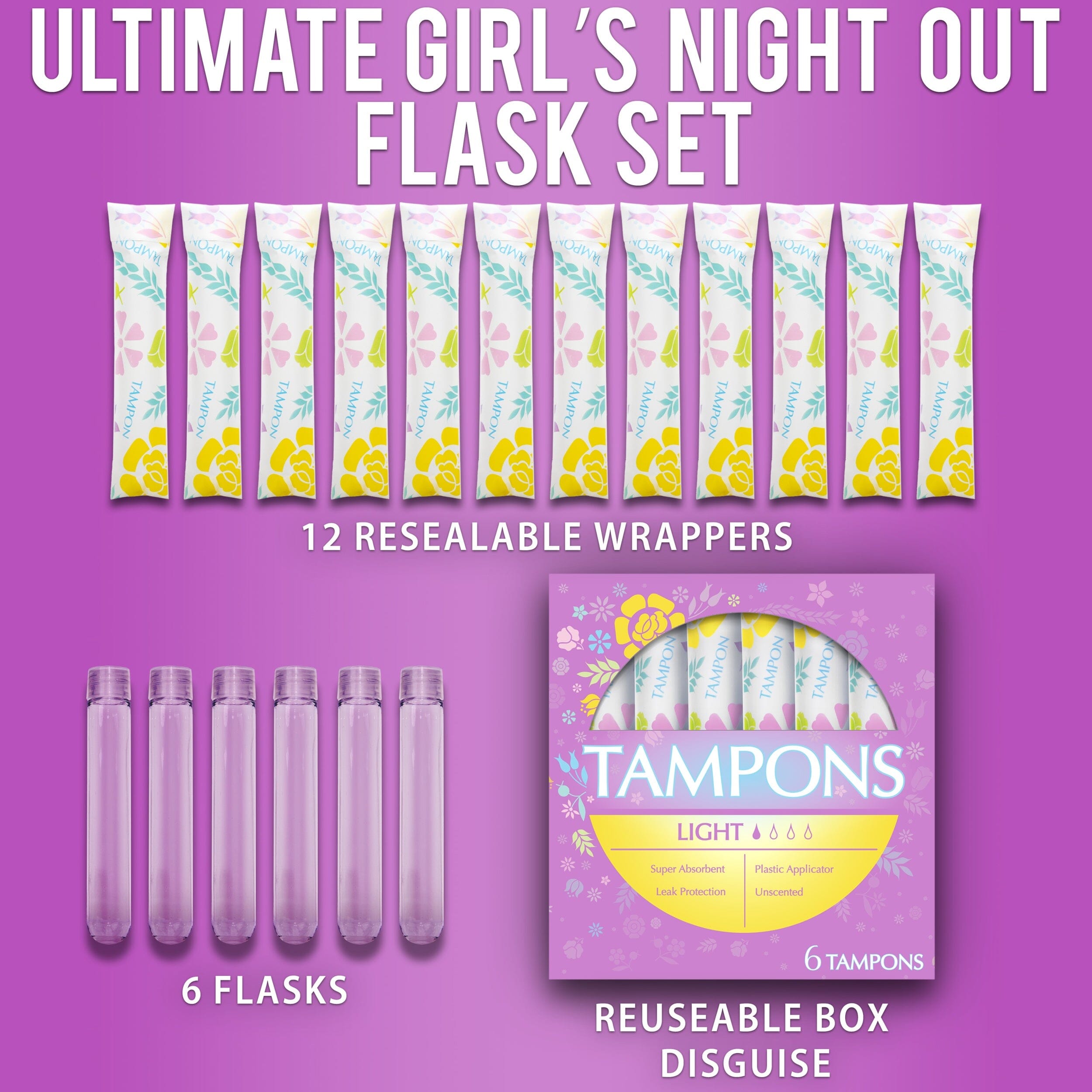 GoPong Tampon Flasks 6 Pack (9 oz Total) - Hidden Alcohol Travel Flasks for Women - Secret Liquor Containers for Nightclubs, Festivals, Cruises, and Sports Events PlayGoSports.com