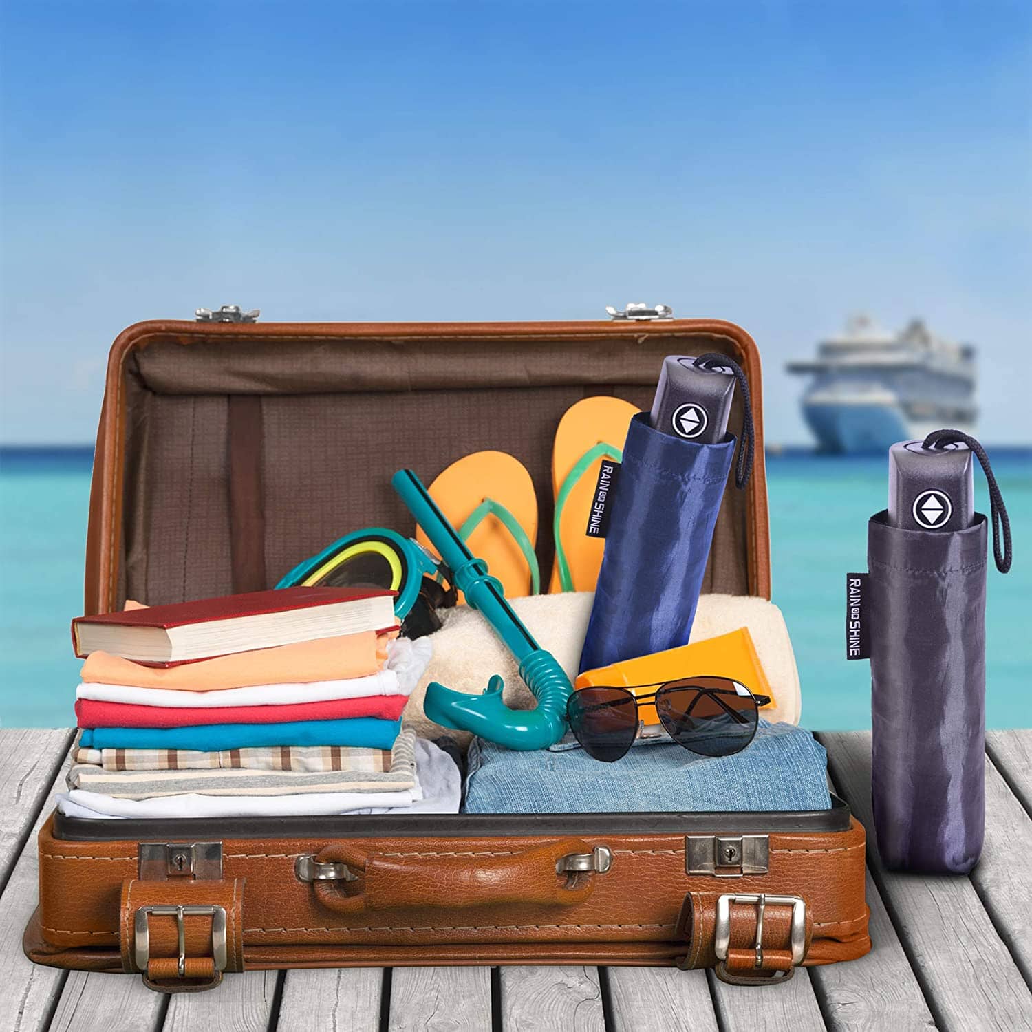 a suitcase filled with luggage and various items