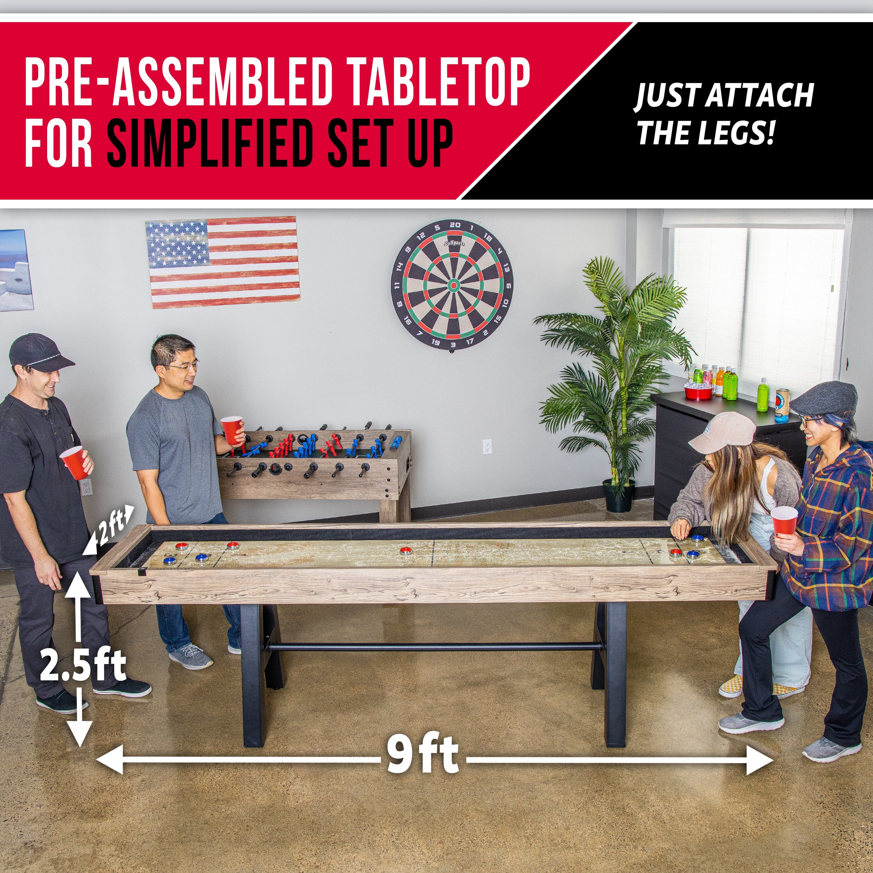 GoSports Premium 9 ft Shuffleboard Table with 8 Pucks, Shuffleboard Wax, and Brush GoSports